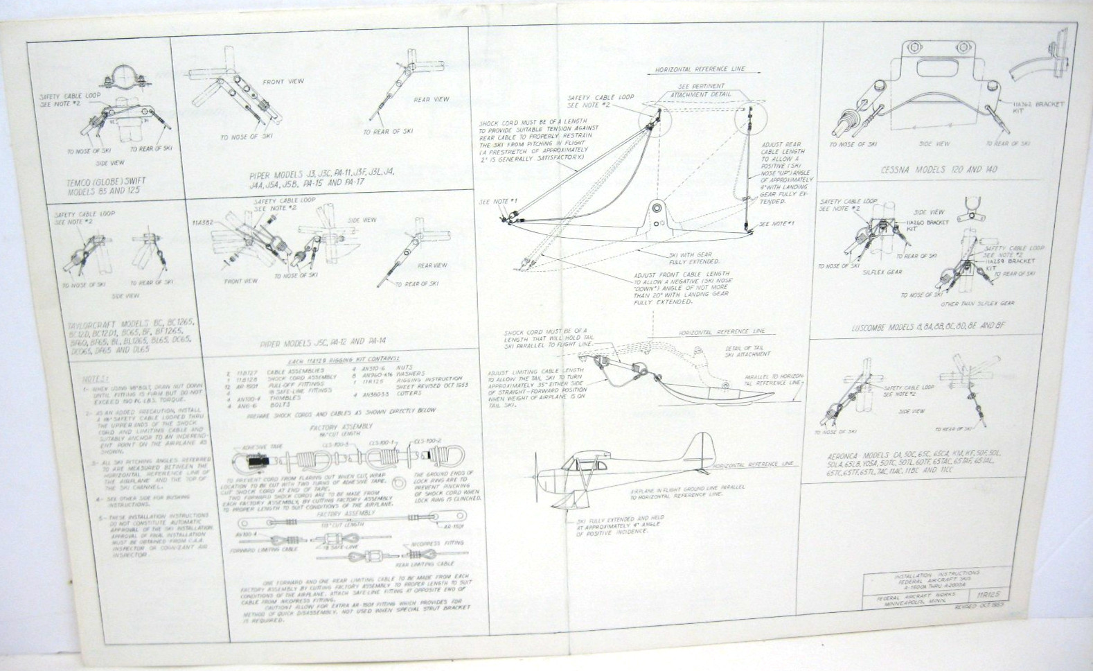 1959 Federal Aircraft Ski Installtn Instrctns 11R125-Cessna Luscombe Piper, plus