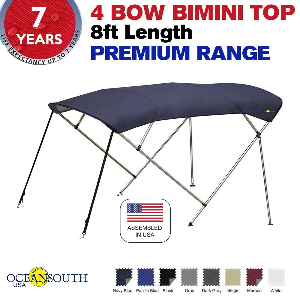Oceansouth 4 Bow Bimini Top PREMIUM RANGE Boat Cover 8ft Long With Rear Poles
