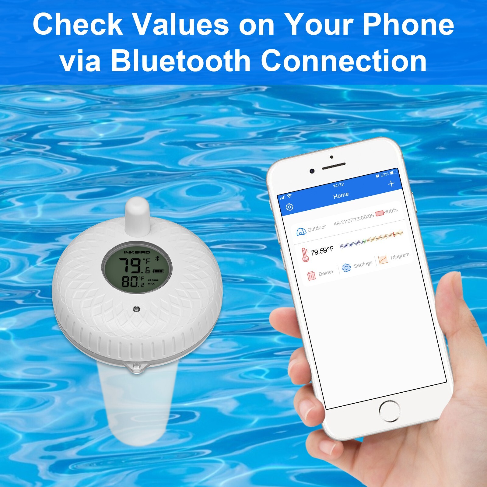 Bluetooth Floating Thermometer Pool Spa Thermometers IBS-P01B App Control Bath