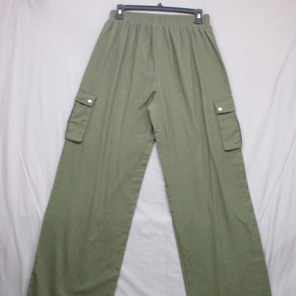 100% Cotton Cargo Pocket Baggy Loose Fit Wide Leg Pants Green Women Size | 6