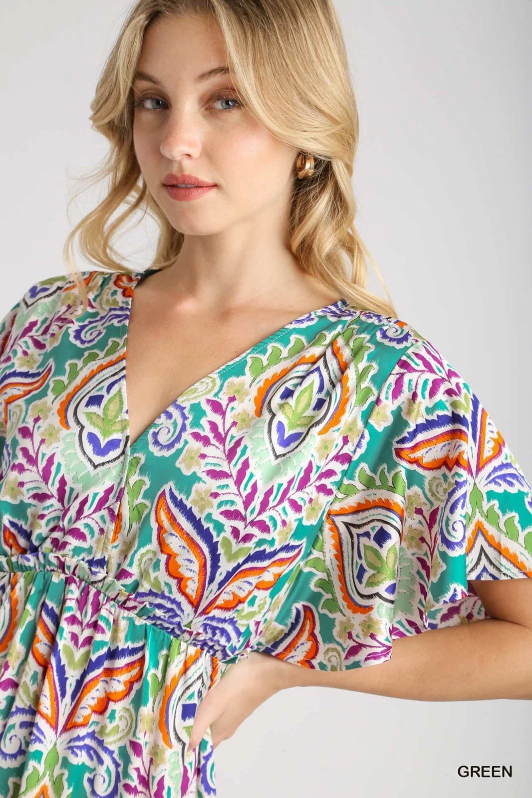 Umgee Multi Satin Paisley Ruffle Trim Tiered A-Line Midi Dress