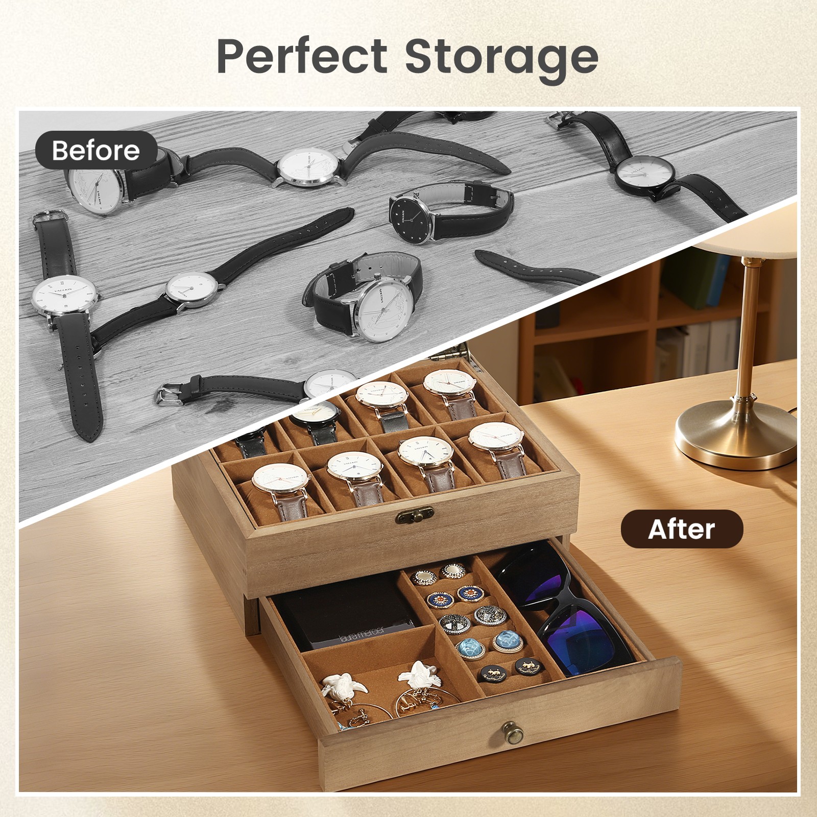 8-10-12 Slot Watch Box Solid Wood Watch Display Case with Glass Lid Watch Holder