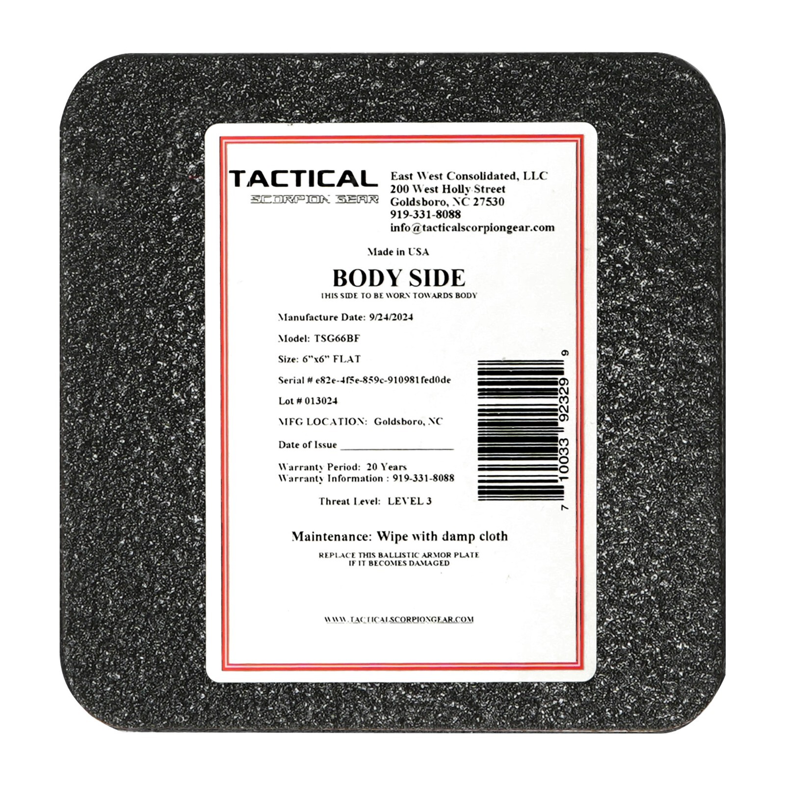 Tactical Scorpion Gear Level III AR500 Steel Body Armor Pair 6x6 Flat Plate