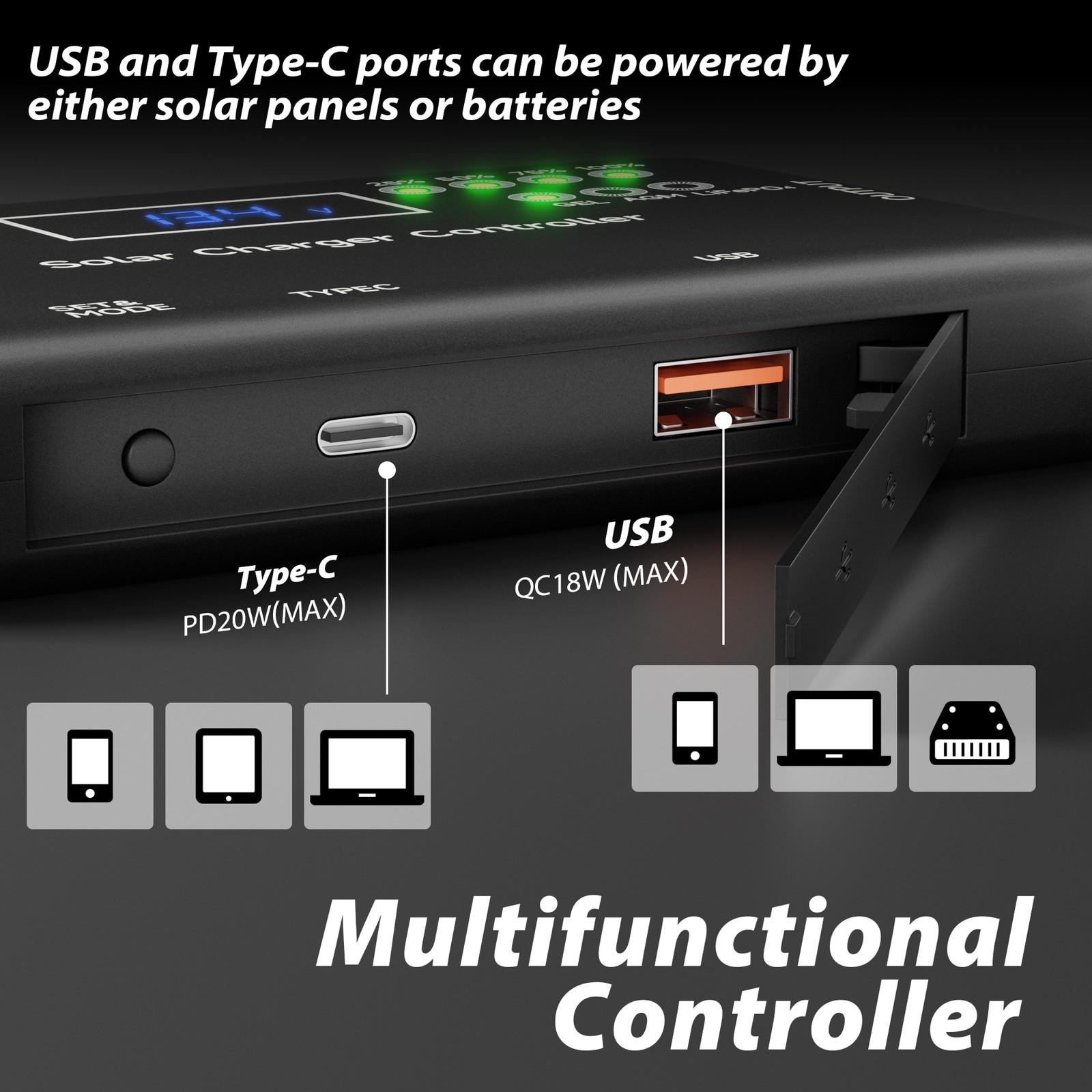 Solar Charge Controller 12V, 20A Solar Panel Charge Controller for Gel, AGM