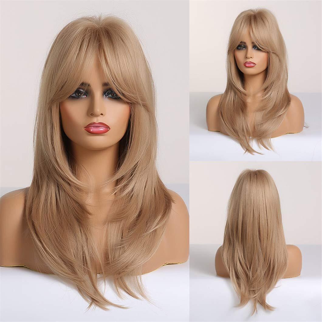 Platinum Blonde Hair Wigs with Bangs Long Wavy Synthetic for Women Fanshion Wigs