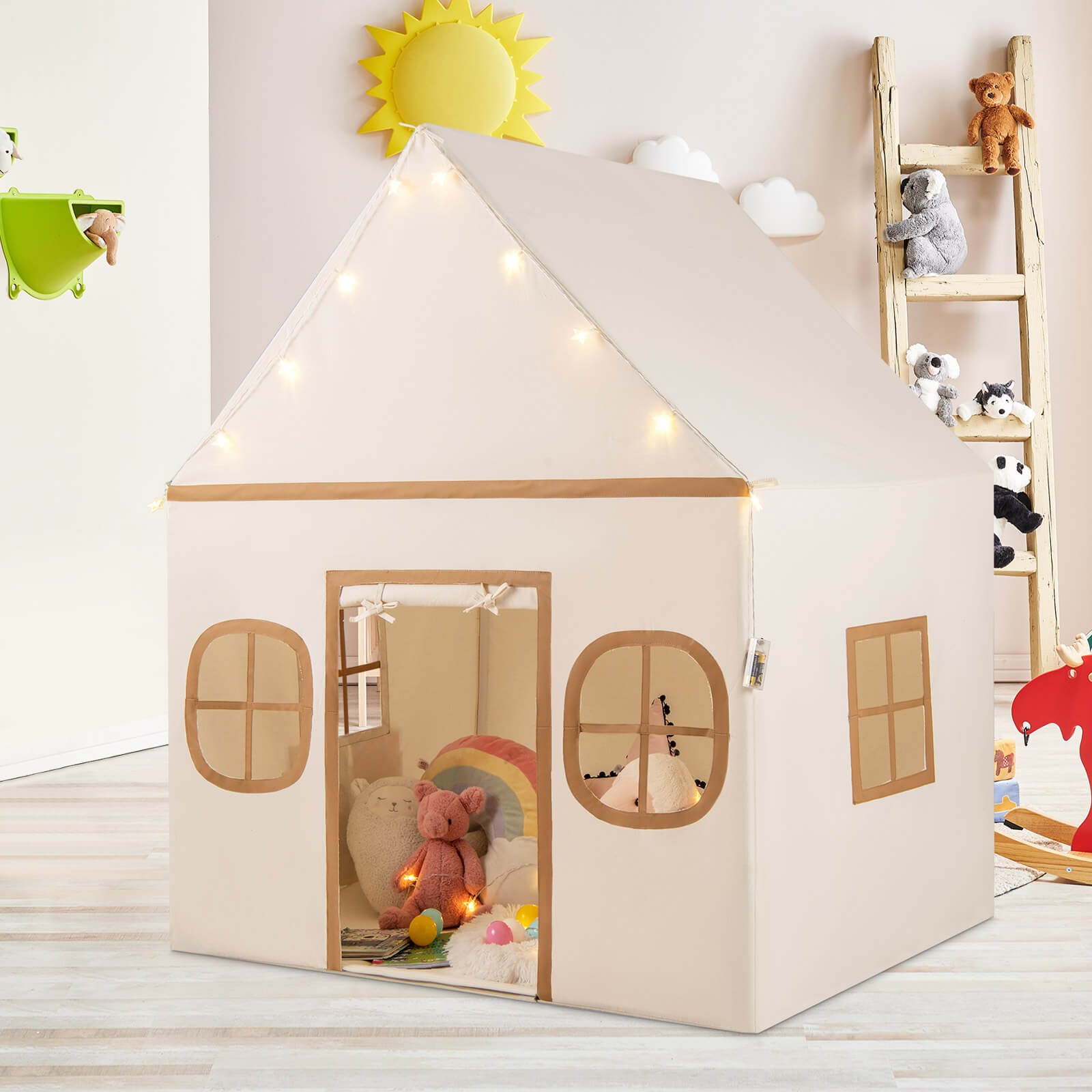 Kids Play Tent with Padded Mat, Star Lights, Side Storage Bags, Door & Windows