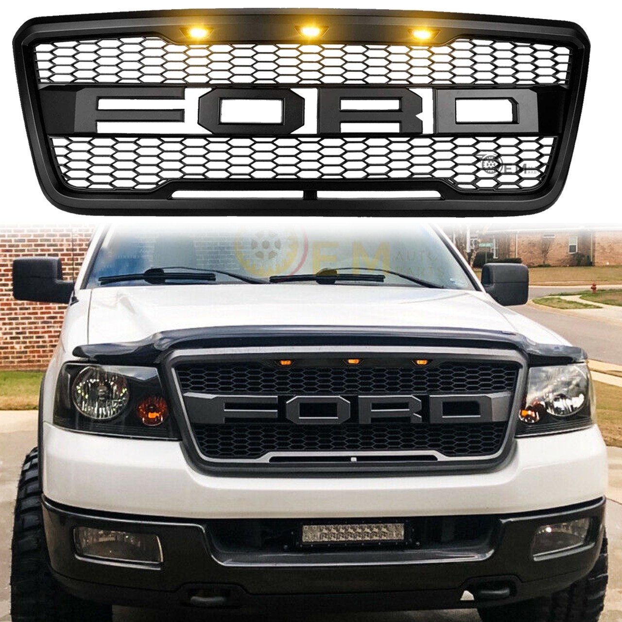 Front Grille For 2004-2008 Ford F150 Raptor Style W/3LEDs W/Letters Matte Black