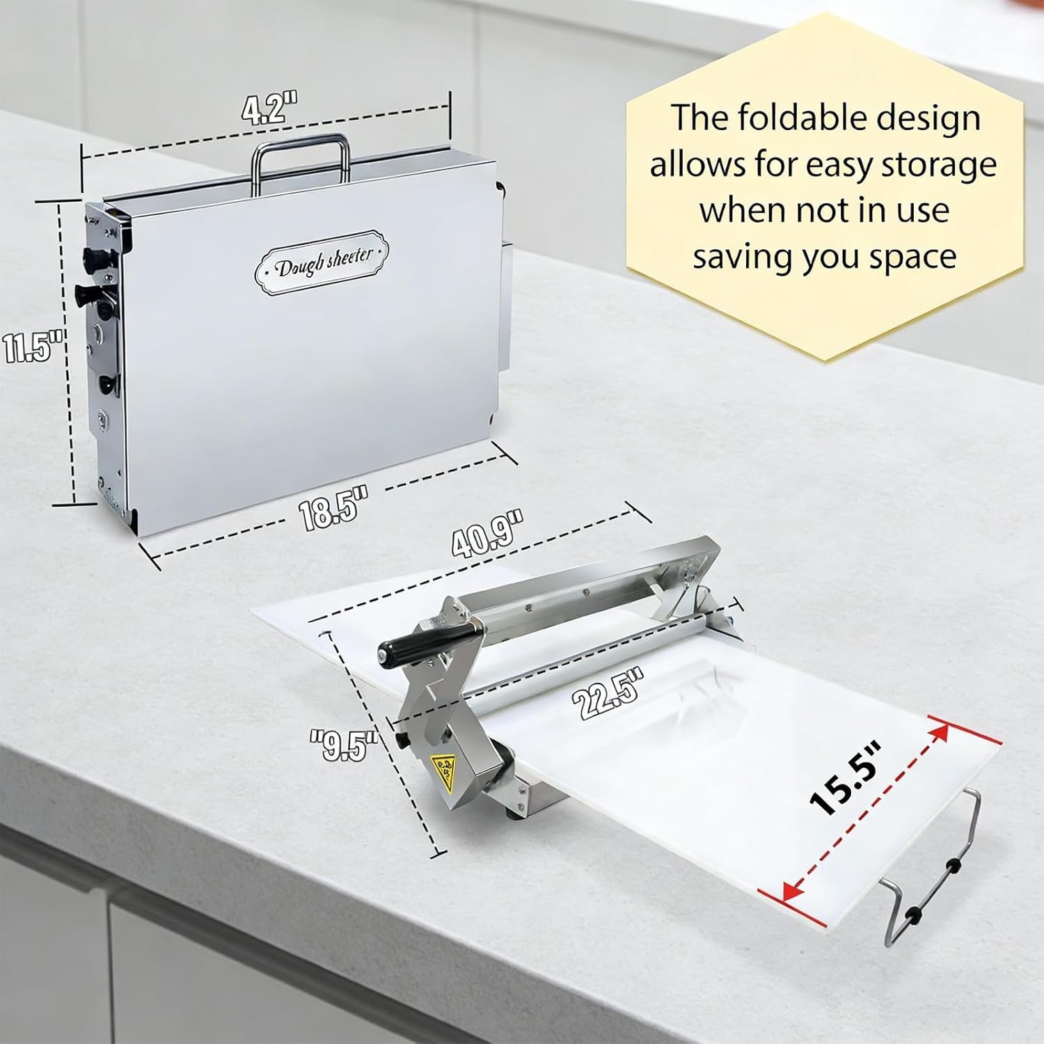 40.9x15.5 Folding Manual Dough Sheeter Roller Stainless Steel Thickness Adj New!