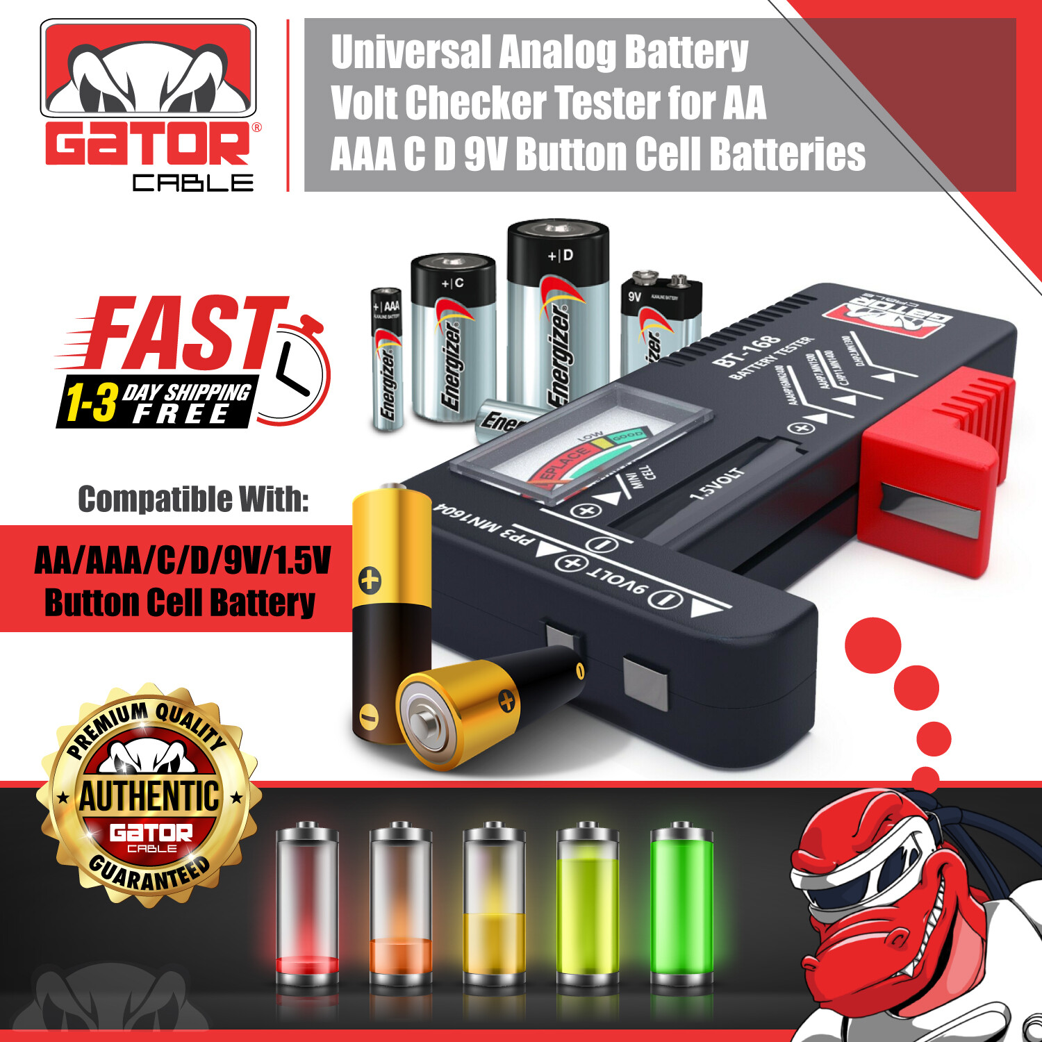 Battery Tester Checker Universal For AA AAA C D 9V 1.5V Button Cell Batteries