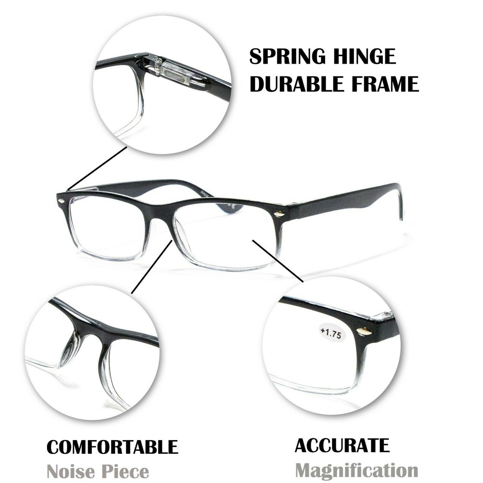4 Pair Rectangular Spring Hinge Power Reading Reader Glasses For Mens Womens 1-3