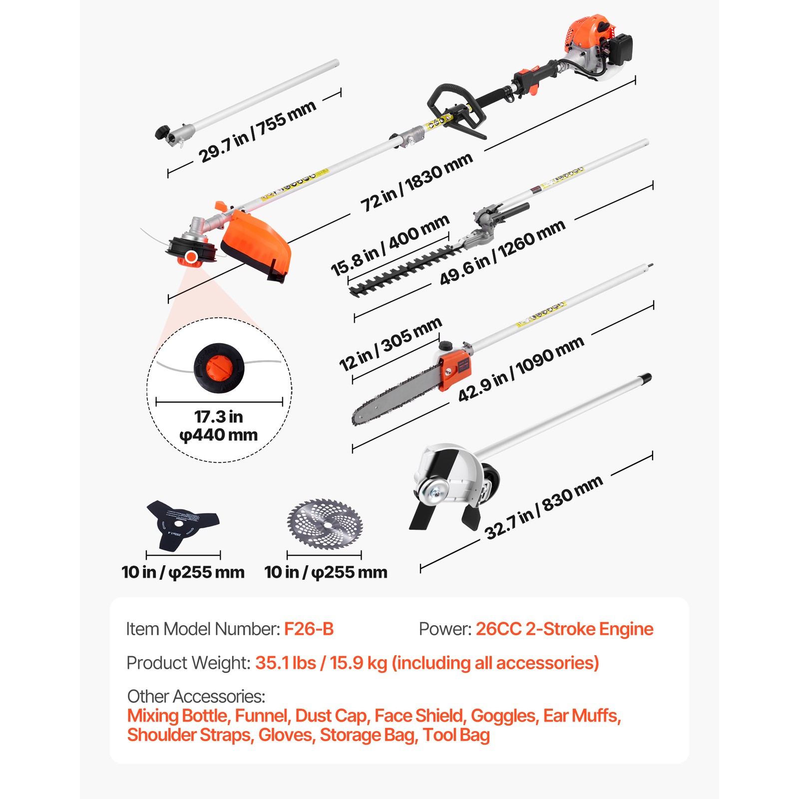 Uimoso 6-in-1 Gas Hedge Trimmer, 26cc 2-Cycle Handheld Garden Tool