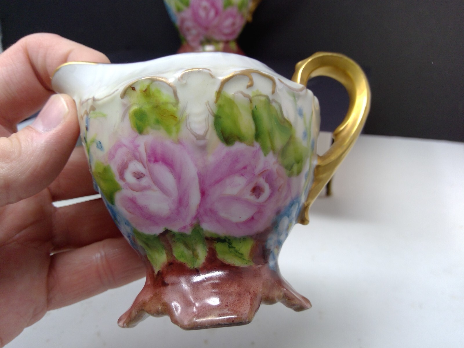 Vintage Gand Painted Roses Coffee Pot Creamer & Sugar Set
