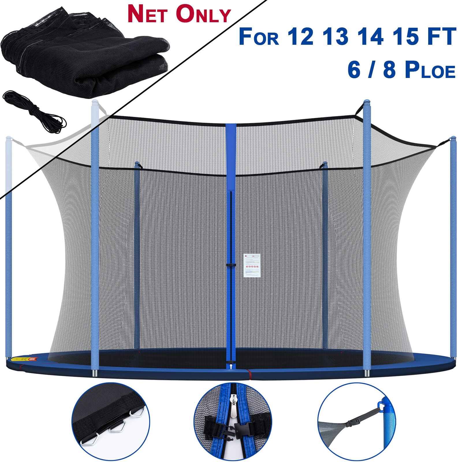 12 13 14 15ft Trampoline Safety Net Replacement Fit 4 6 8 Poles Round Enclosure