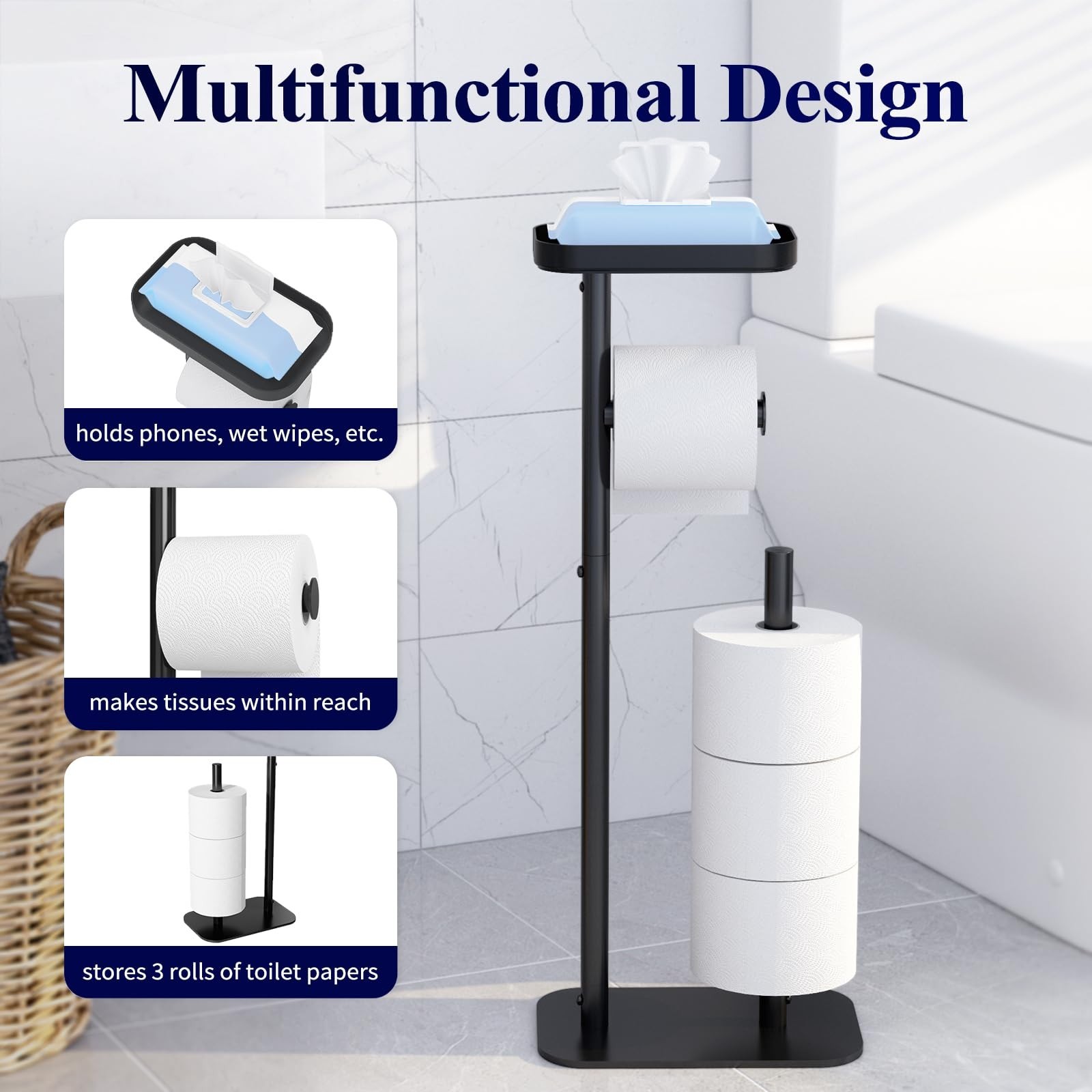 Free Standing Toilet Paper Holder with Storage Shelf – 4 Roll Organizer Stand