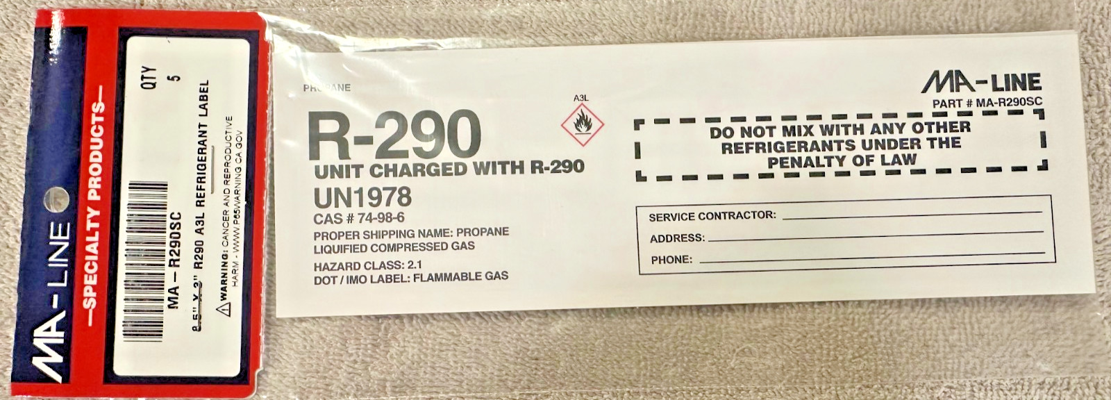 STICKER, R290 A3L Refrigerant 5 Pack Equipment Labels, MA-Line #MA-R290SC