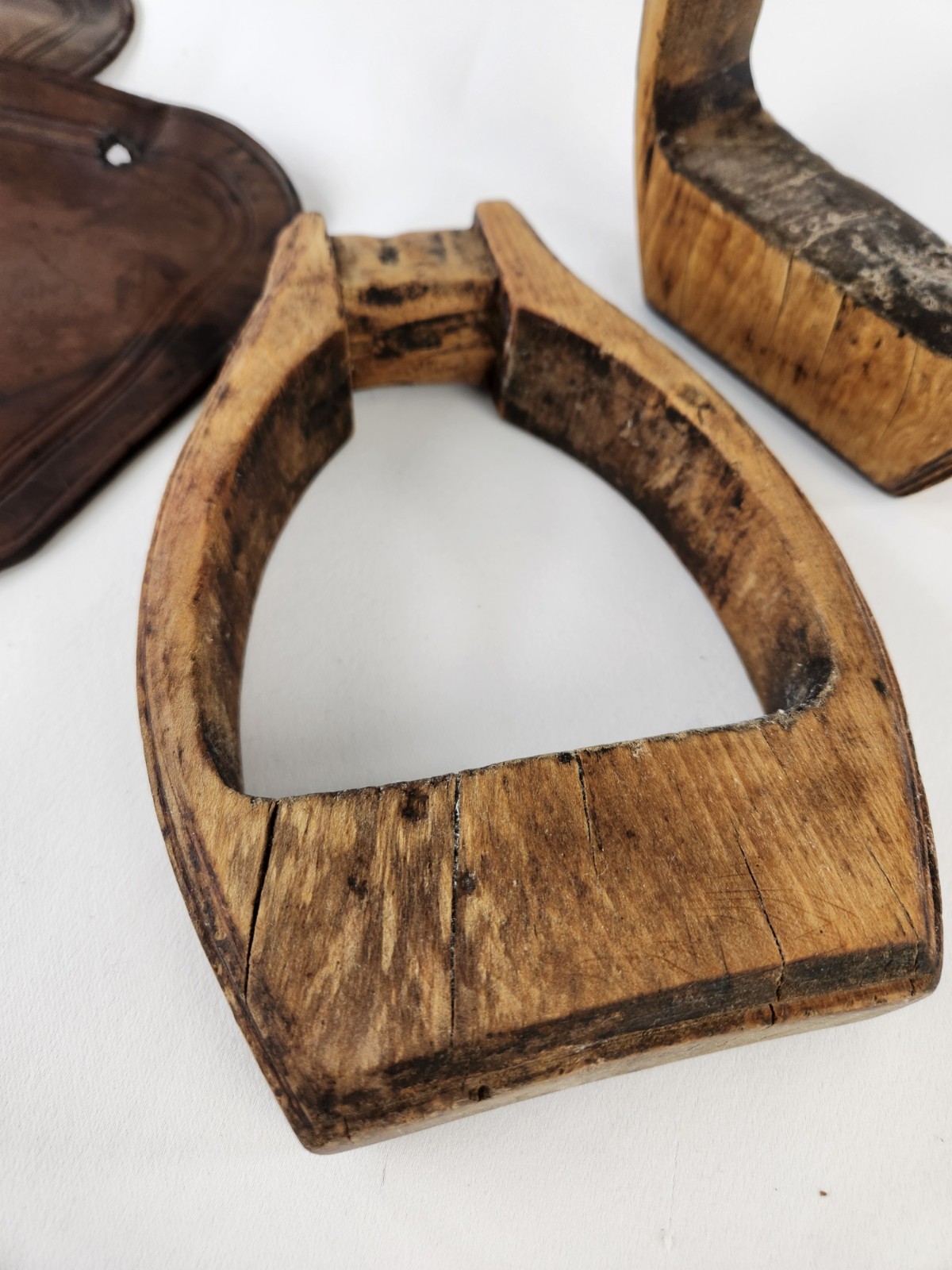 Antique Wooden Stirrups & Leather Tapaderos Boot Cover Hand Carved Horse Saddle