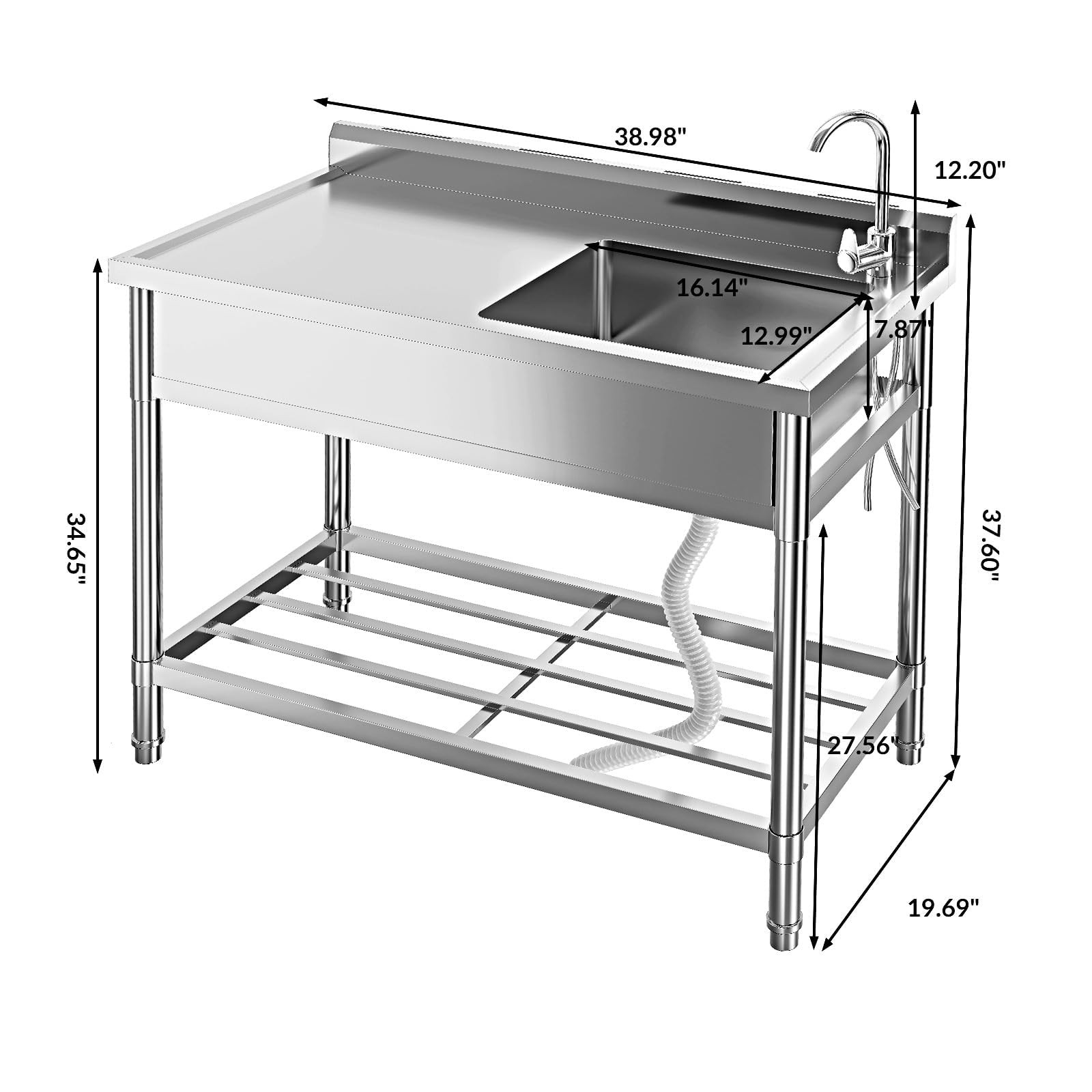 Stainless Steel Commercial Sink Utility Sink 1 Compartment Kitchen w/Prep Table