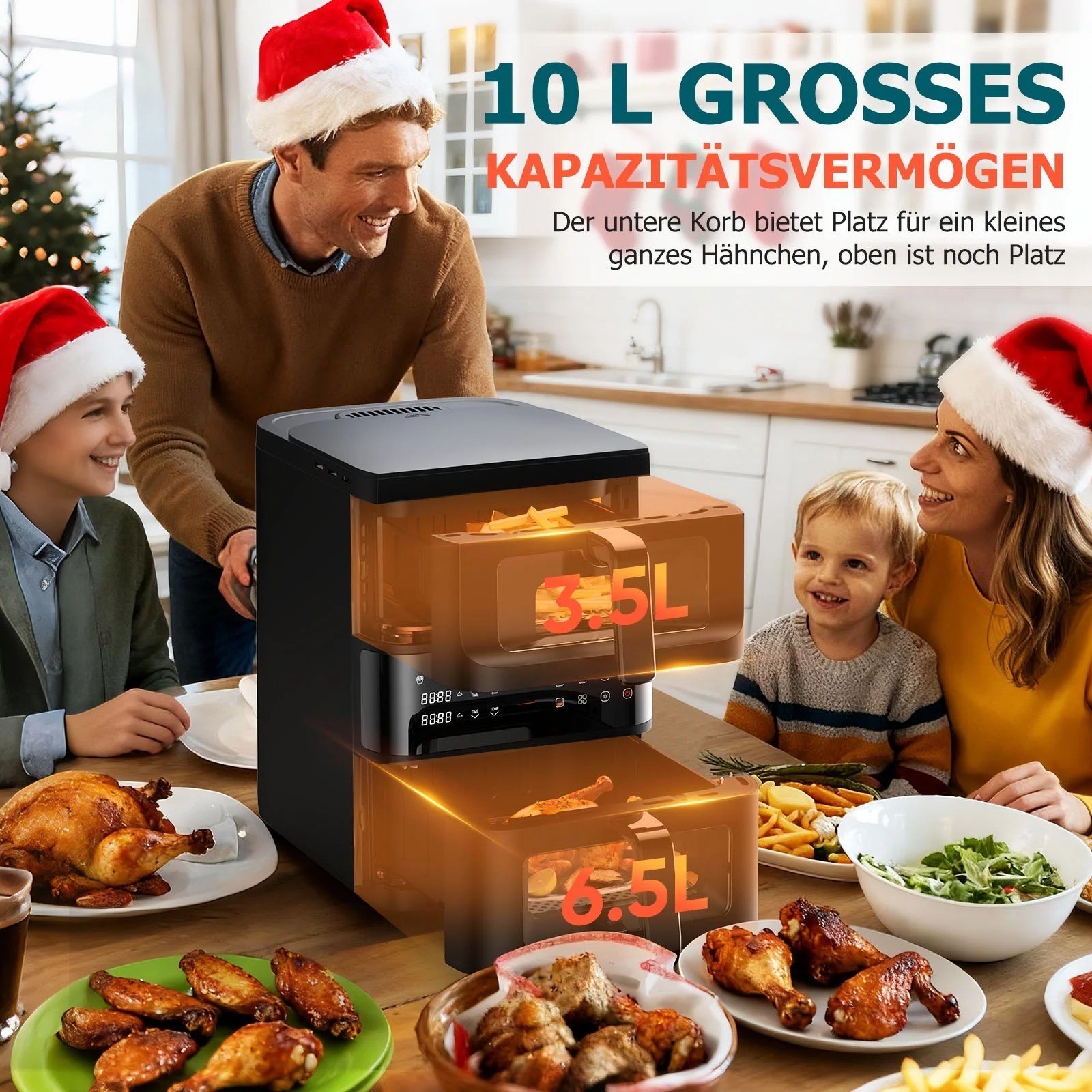 2-Tier Digital Air Fryer Dual Zone Heating Visual Window Space Saving Oil Free