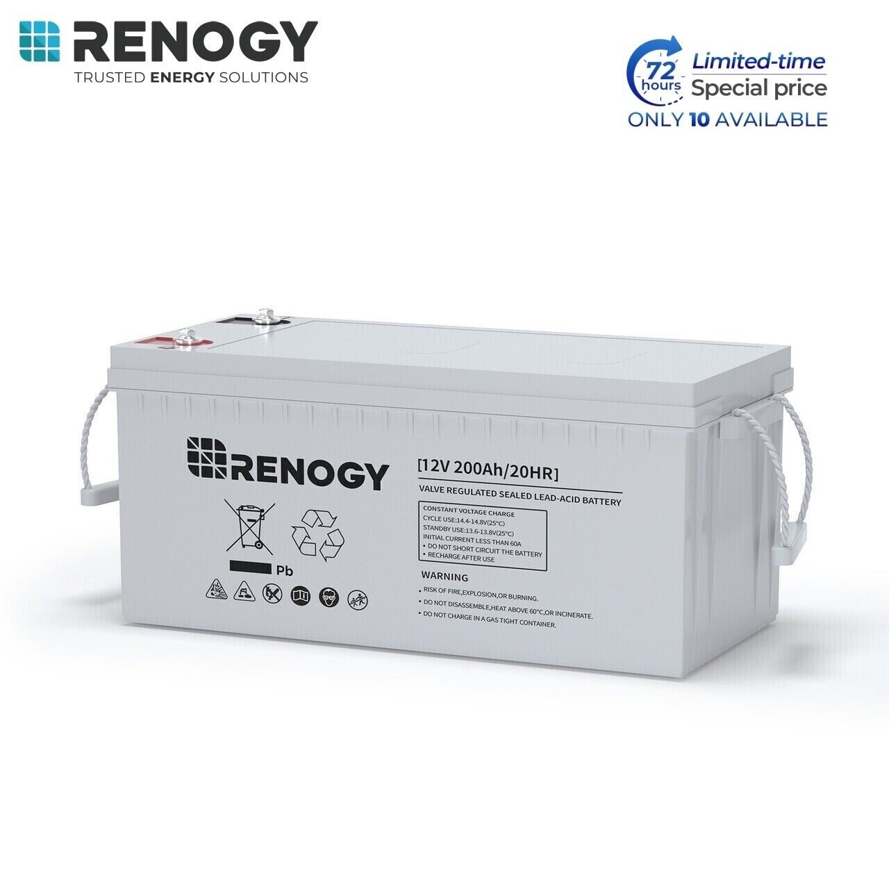 Renogy Deep Cycle AGM Battery 12 Volt 200Ah 2000A Max Discharge Current Off-Grid