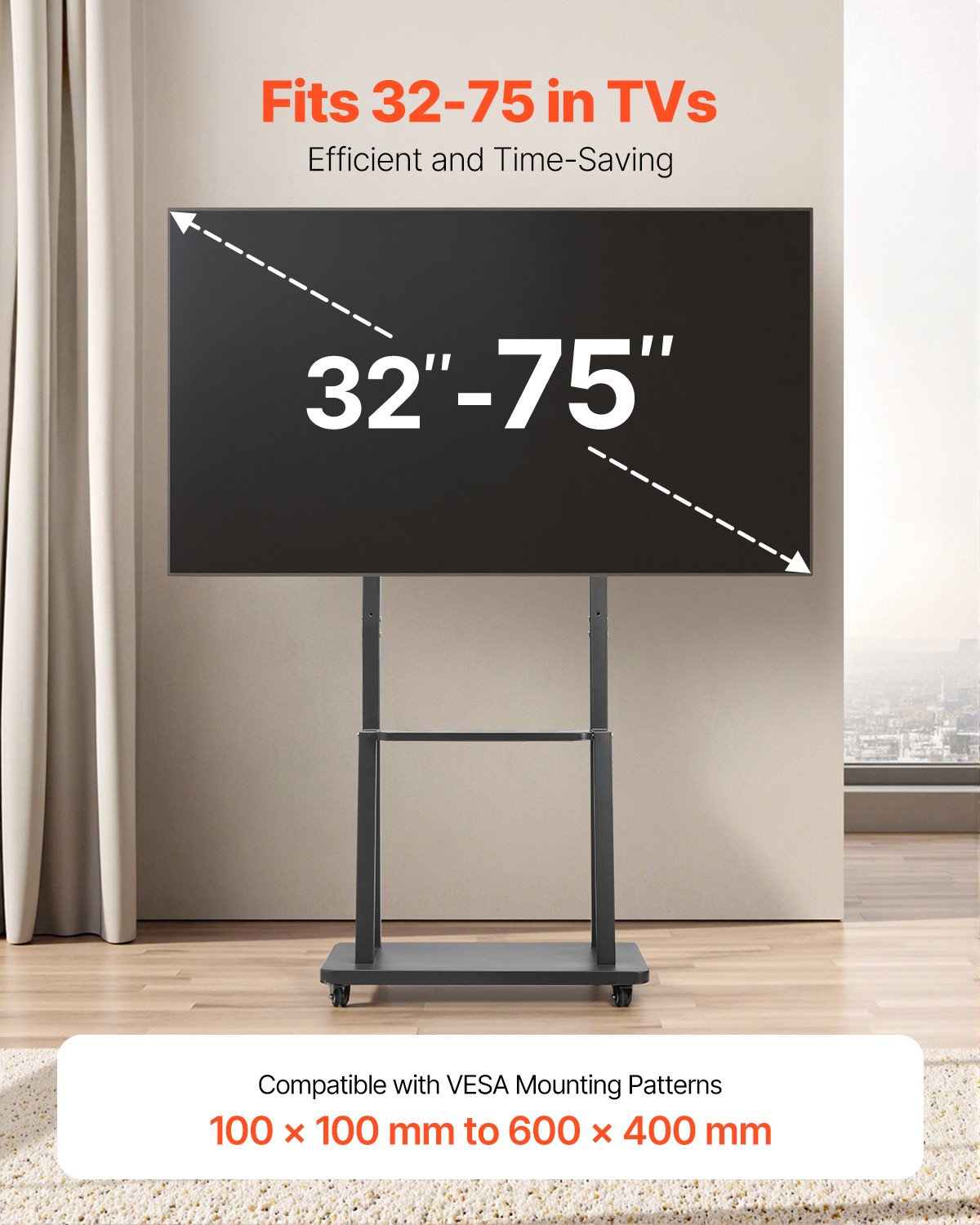 32 to 75 Inch TVs Rolling TV Stand Mobile TV Cart Holds Up to 150 lbs Black