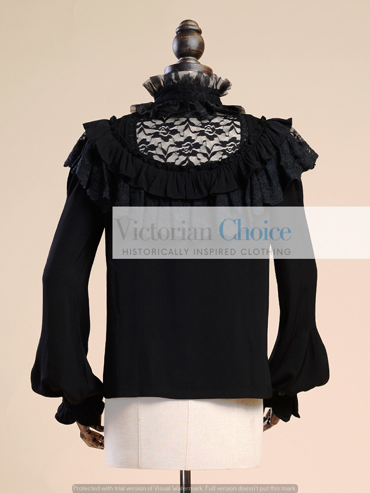 Victorian Edwardian Gothic High Collar Black Blouse Shirt Steampunk Witch B008