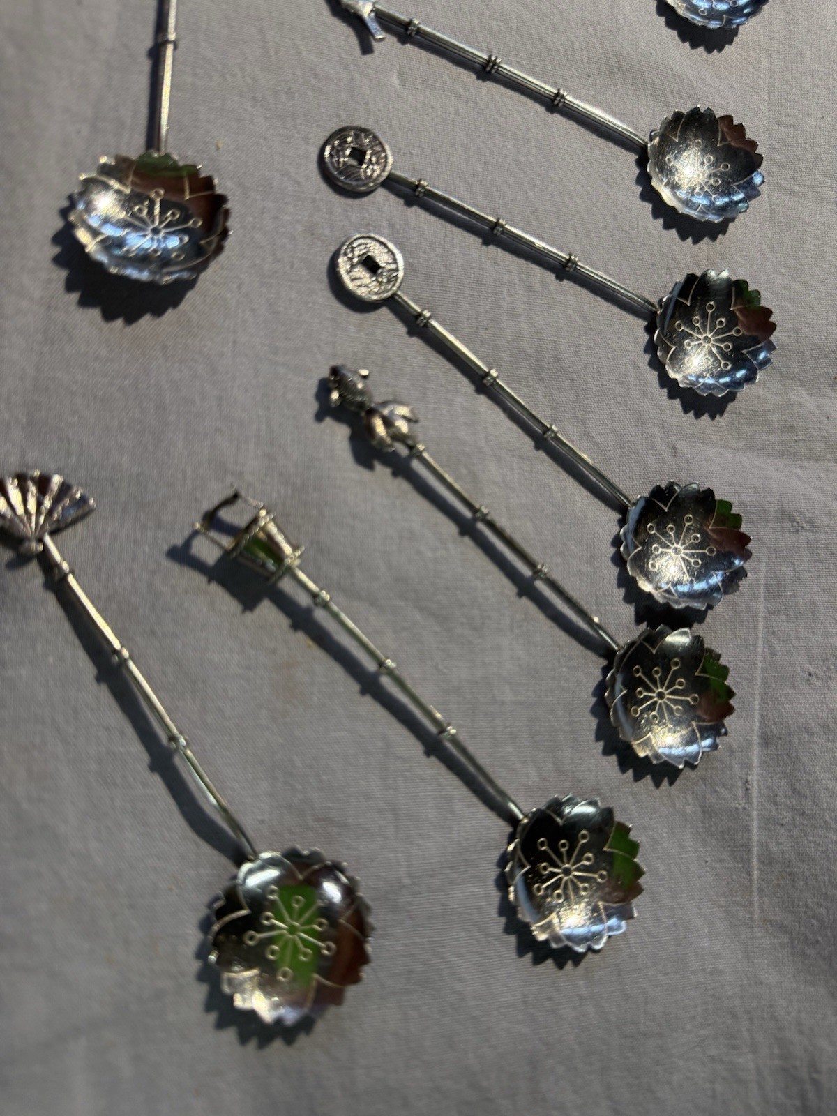 Sterling Silver 950 Demitasse Spoons Figural Motifs Japan Set of 12. Vintage