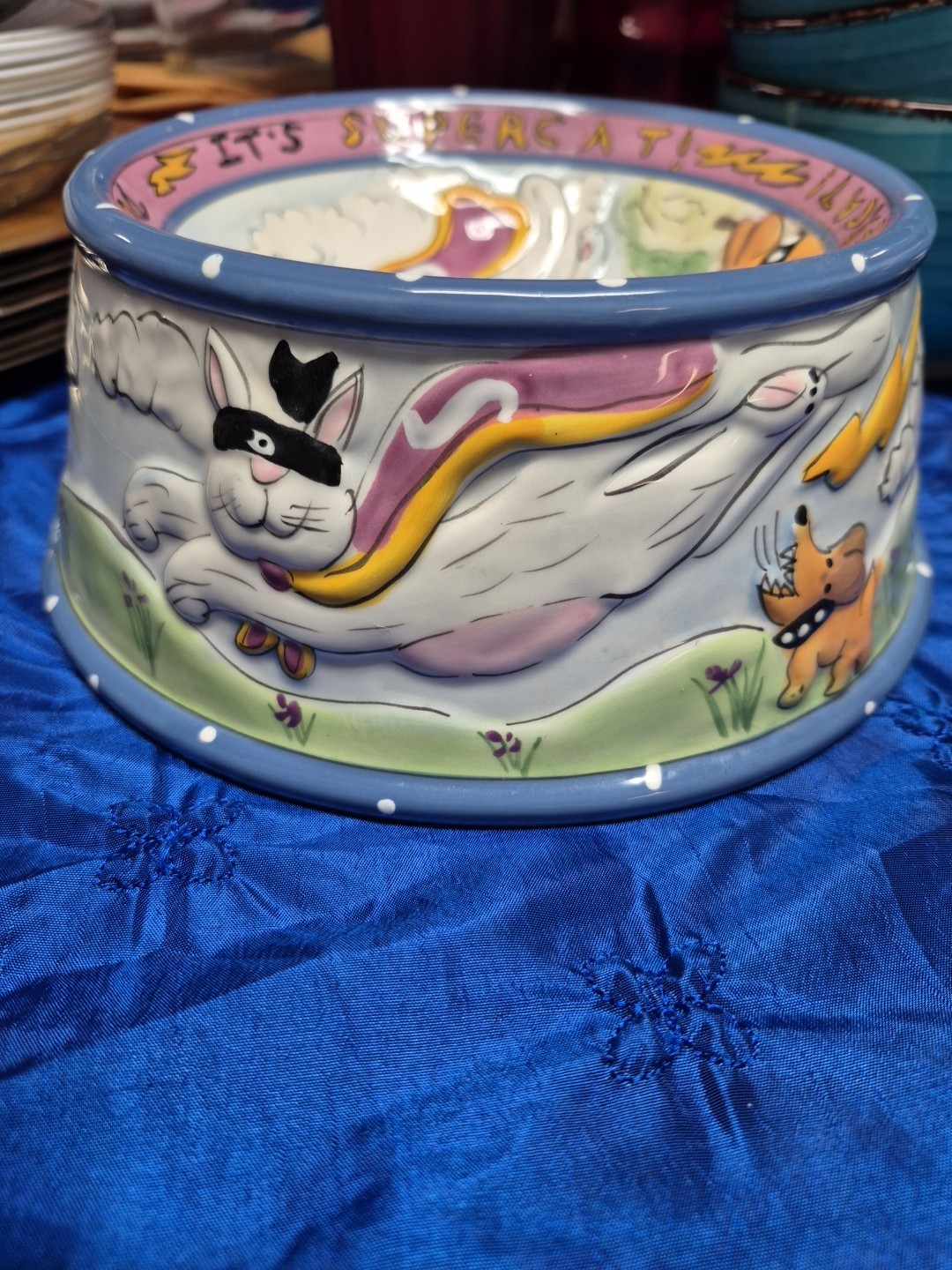 Blue Sky Cat Bowl “Super Cat” 6.5” Ceramic Hand Painted Dogz Can't Ever Catch SC