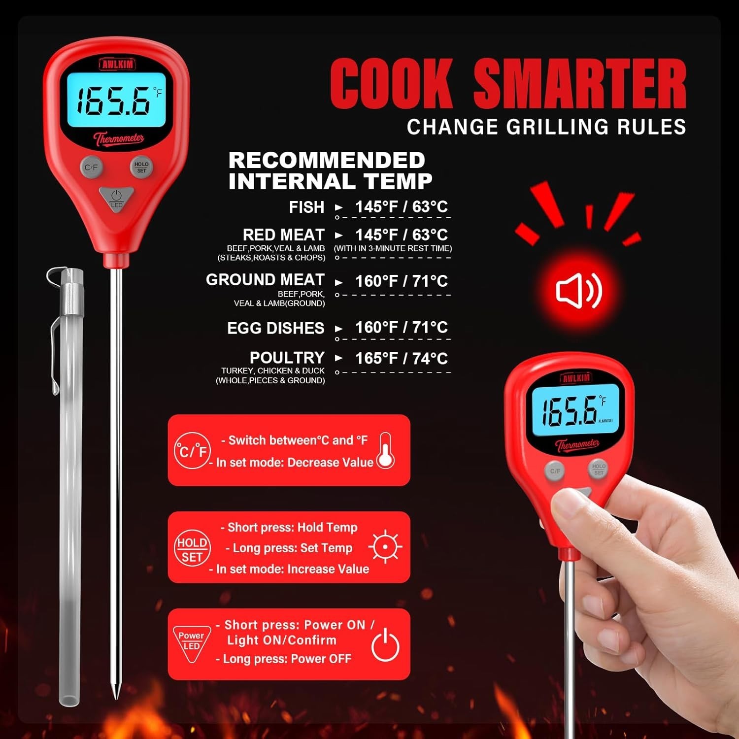 Rechargeable Digital Meat Thermometer with 3.3ft External Probe- Waterproof
