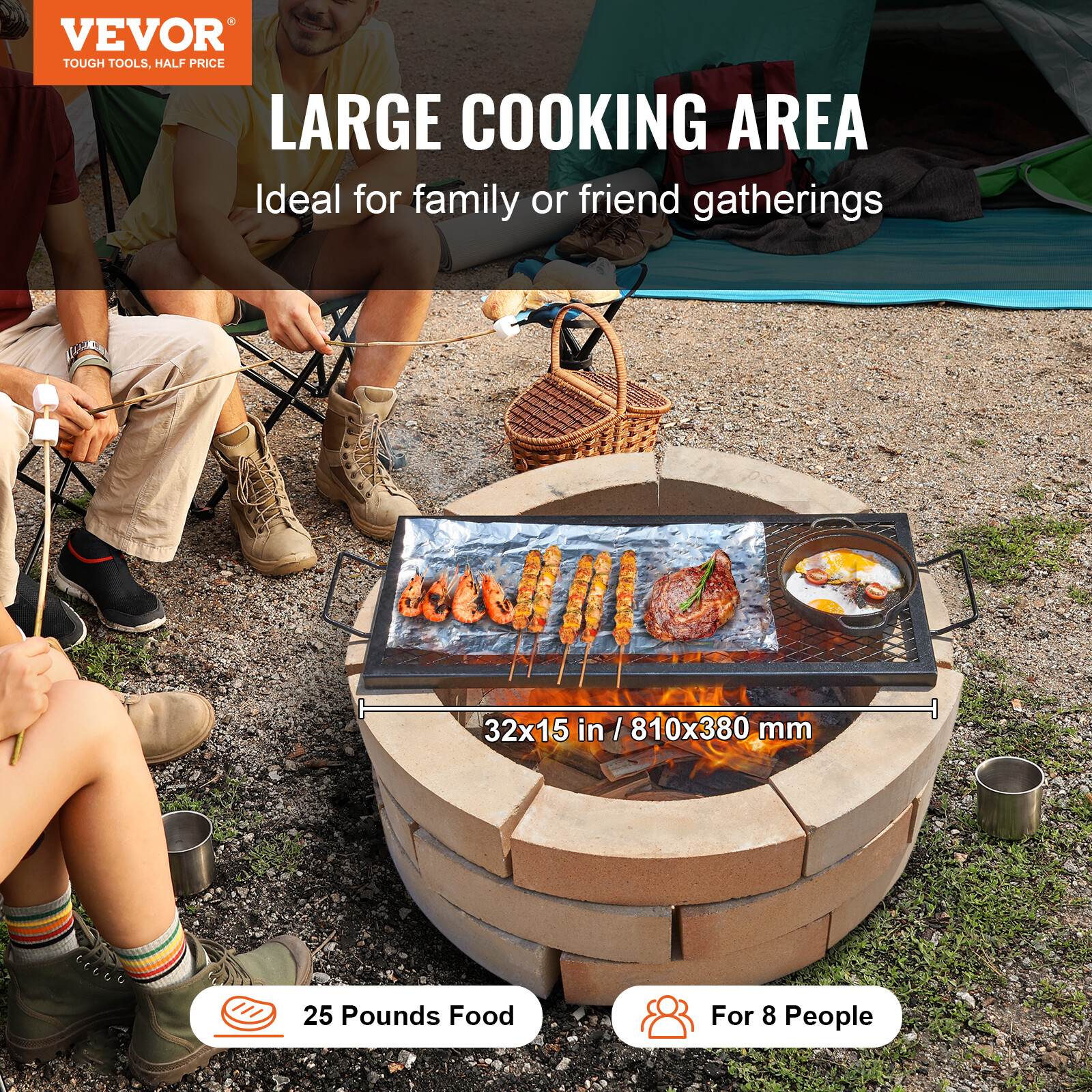 VEVOR 32" Rectangle Cooking Grate Fire Pit Grill Grate X-Marks Heavy-Duty Steel