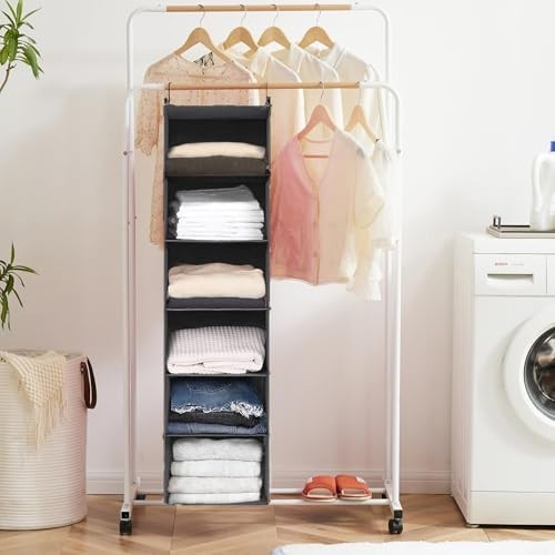 6-Tier Hanging Closet Organizer Shelf with 2 Hooks, Foldable Storage Solution -