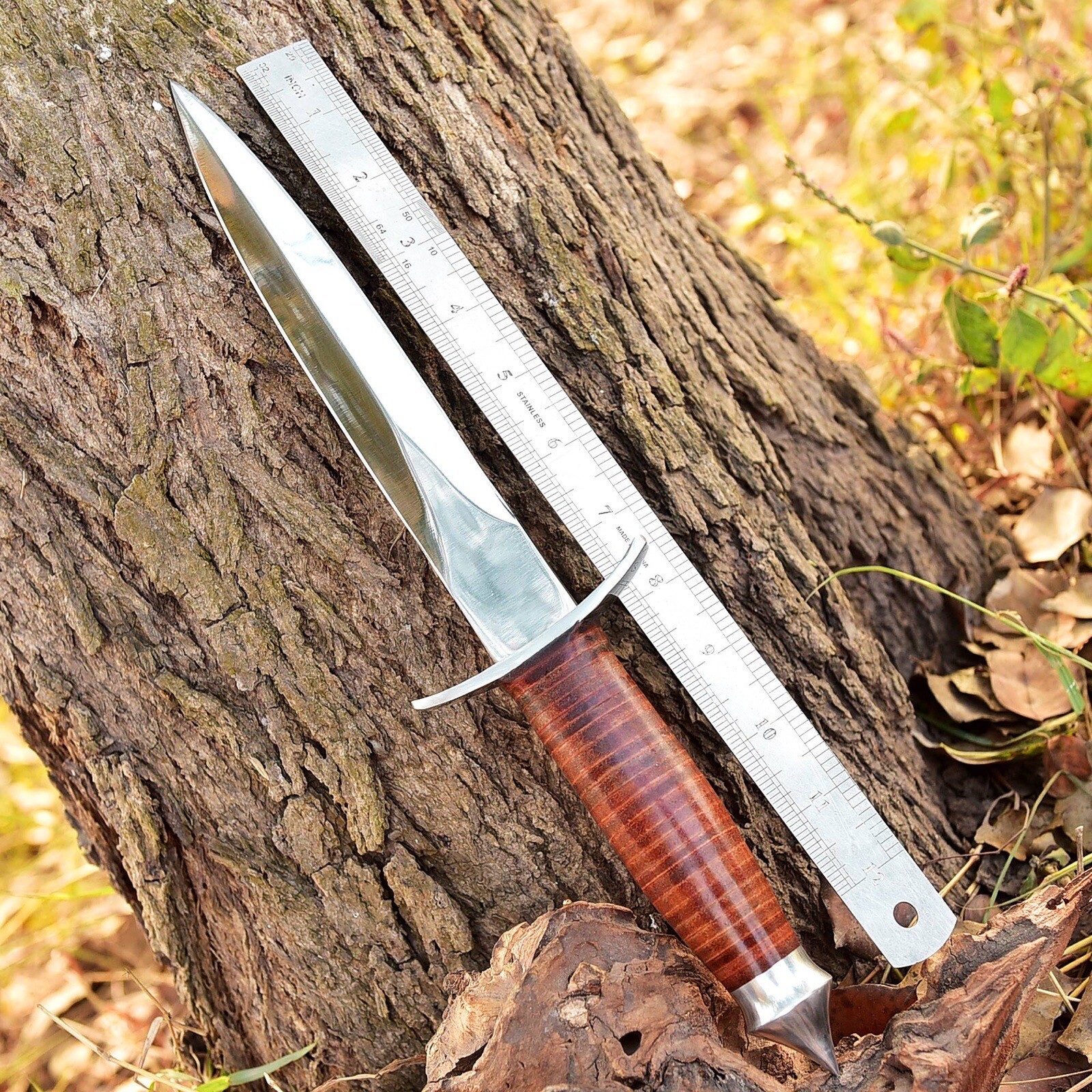 Vintage WW2 Double-Edged V42 US Military Stacked Leather Stiletto Dagger Knife