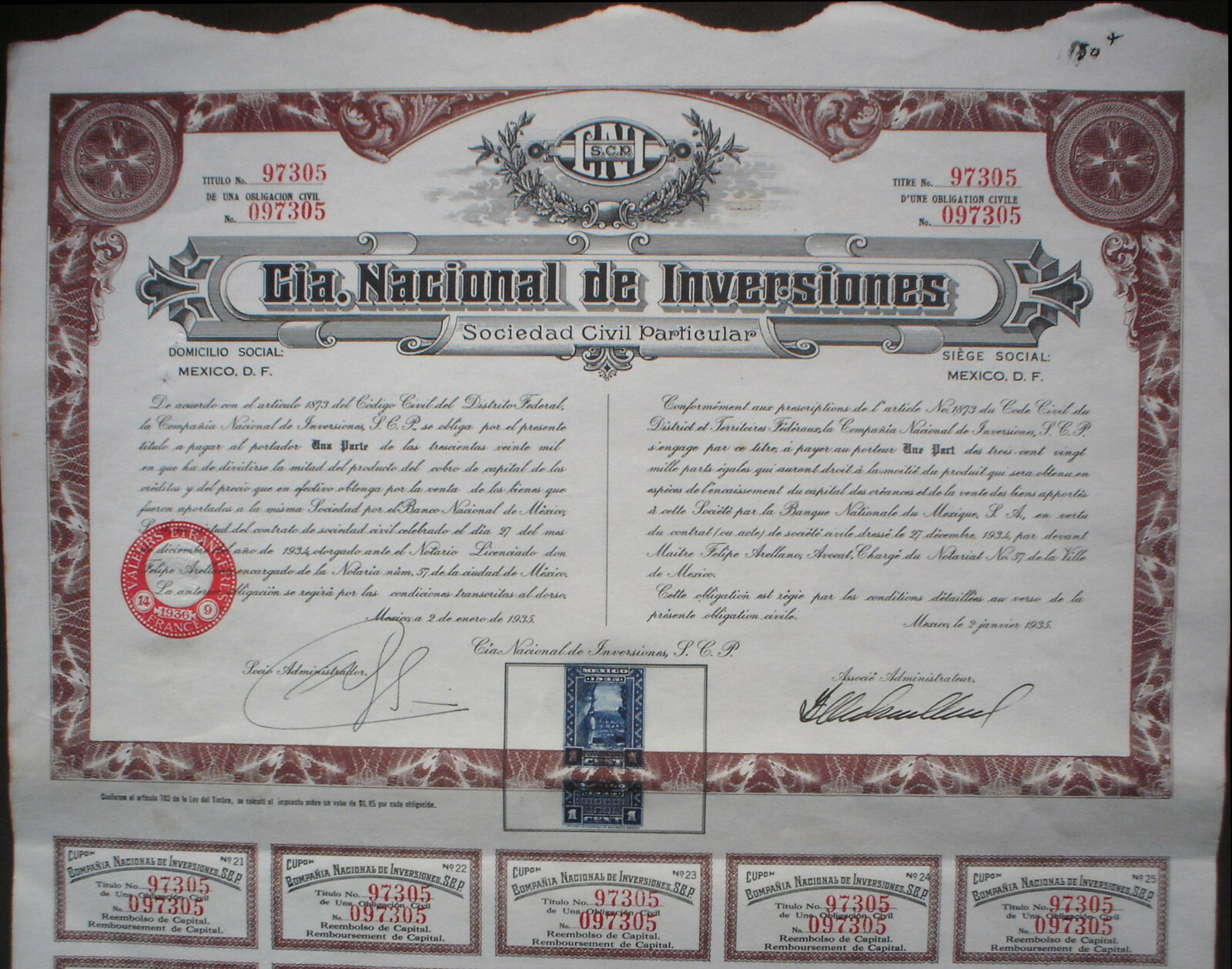 Mexico 20 x Mexican Stocks & Bonds uncancelled + coupons