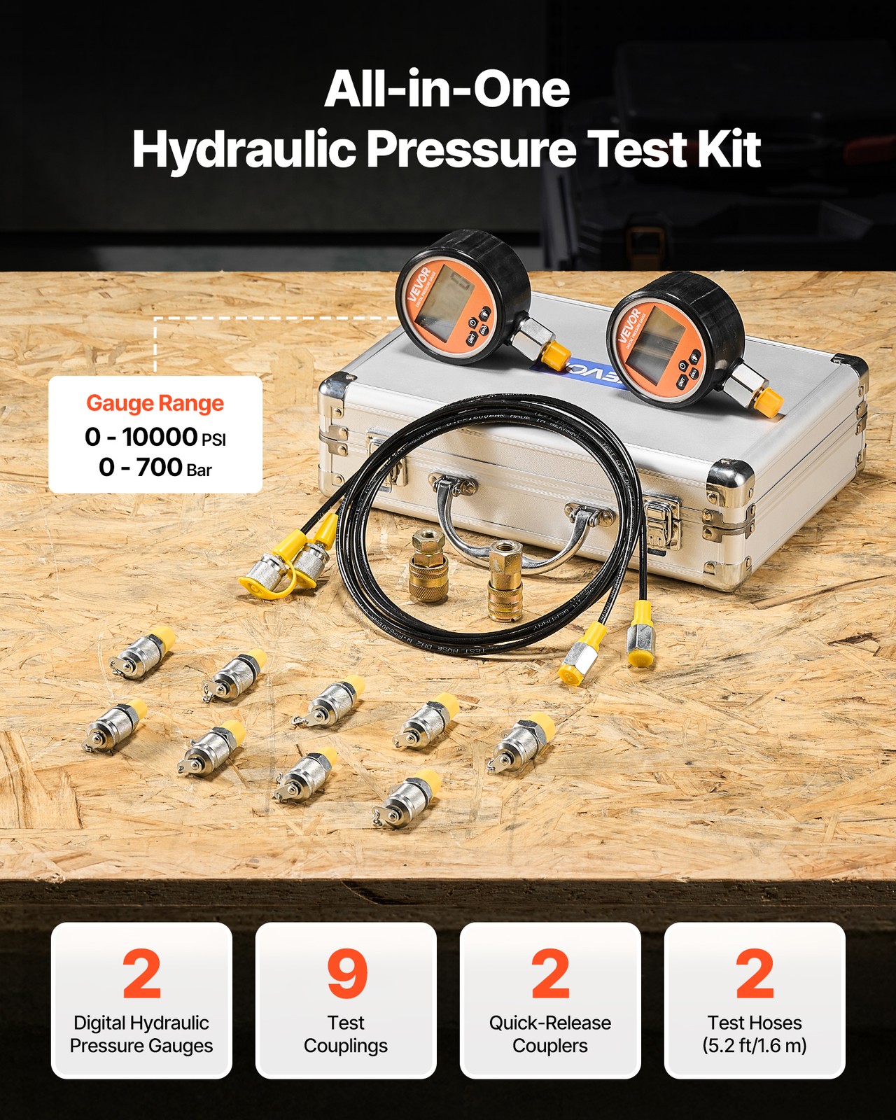VEVOR Digital Hydraulic Pressure Test Coupling Kit 10000PSI 2 Gauges 9 Couplings