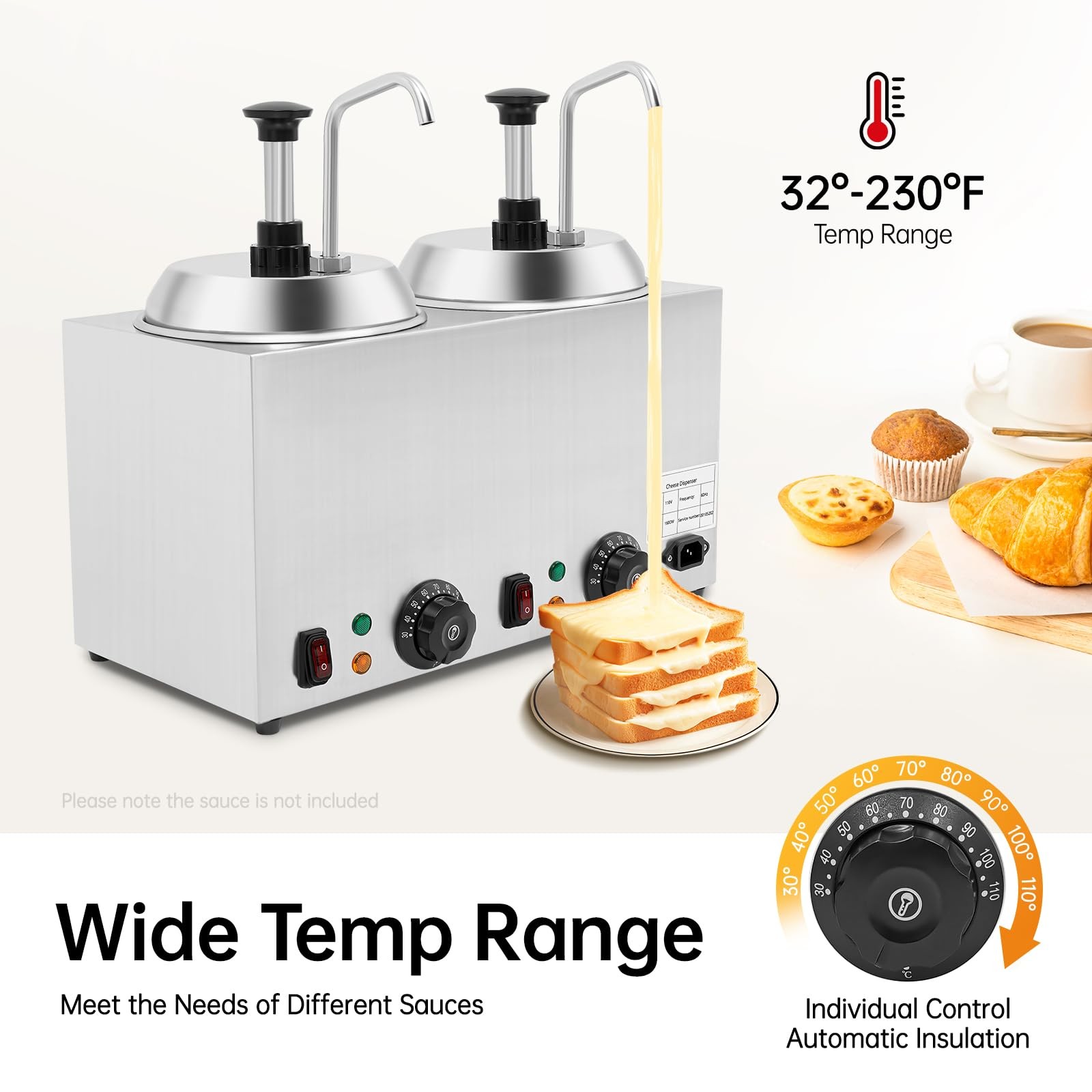 5.28QT Double Cheese Warmer Dispenser, 1600W Nacho Cheese Electric Warmer Sauce