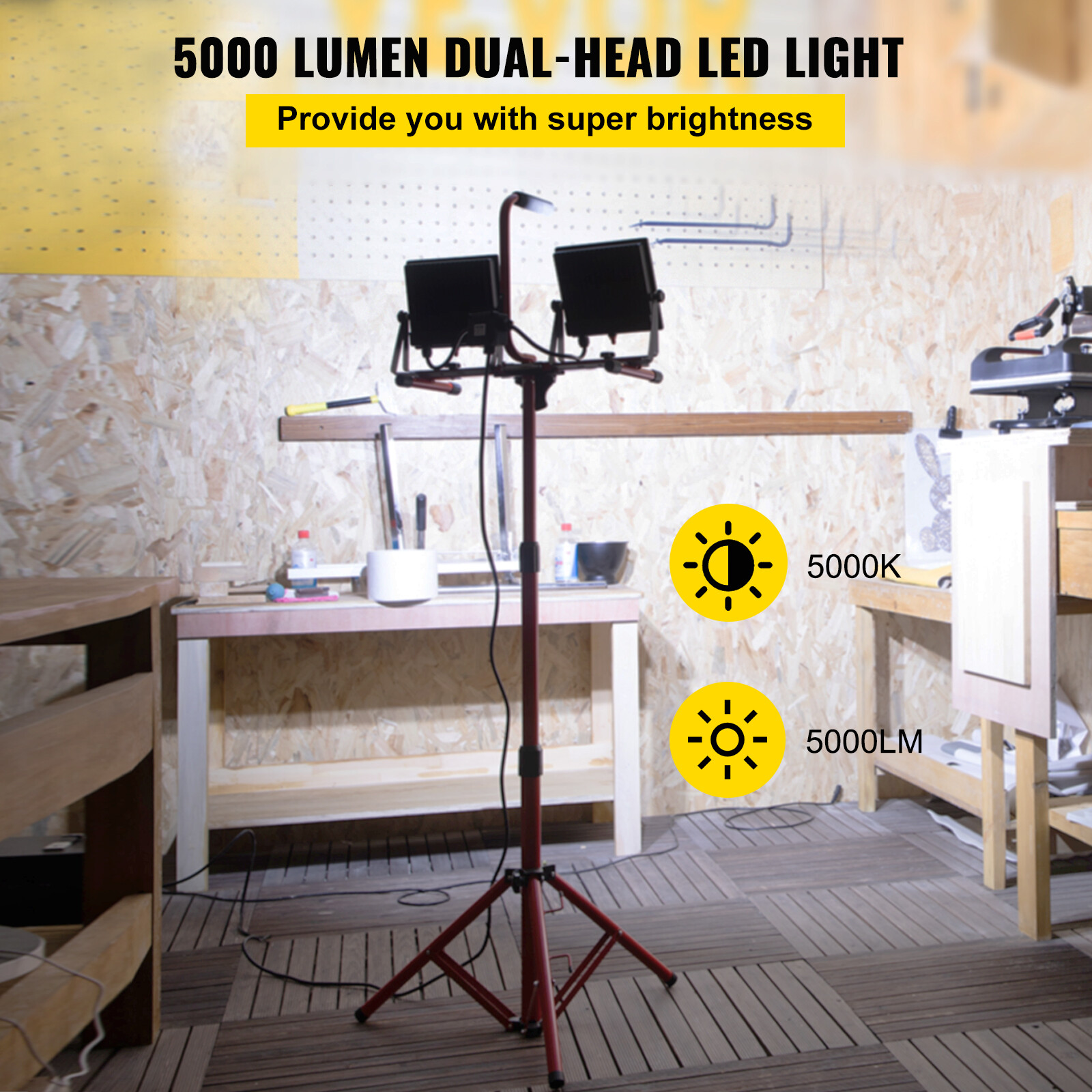 VEVOR Dual-head Led Work Light 5000 Lumen Led Work Light with Tripod 27.6-68.1"
