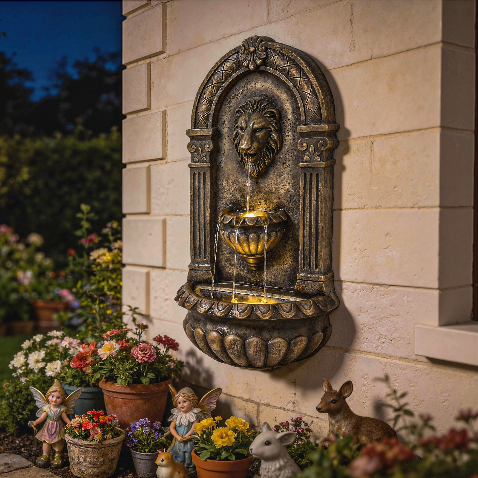 Wall-Mounted 3-Tier Outdoor Fountain with LED Lights, New