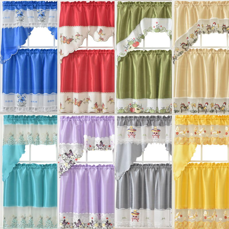 3PC EMBROIDERY DESIGNS PANEL KITCHEN WINDOW CURTAIN TIER VALANCE 36" LENGHT