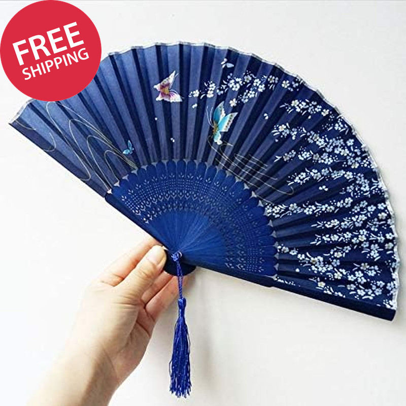 Floral Patterned Hand Fans, Vintage Silk and Japanese Lace Designs with Bamboo F