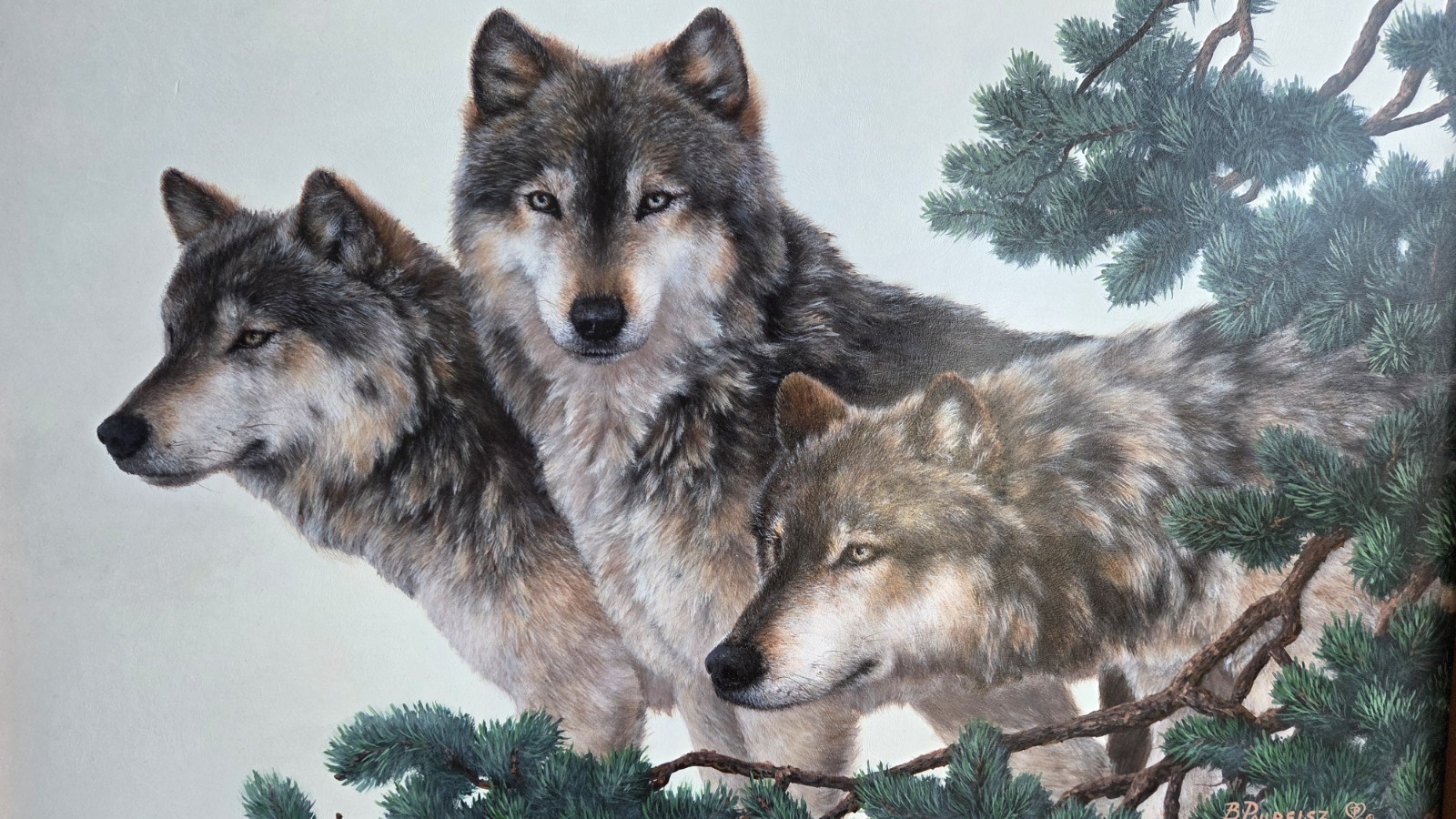 BRENDA POLLREISZ ORIGINAL OIL PAINTING " GRAY SILENCE" WOLVES LARGE