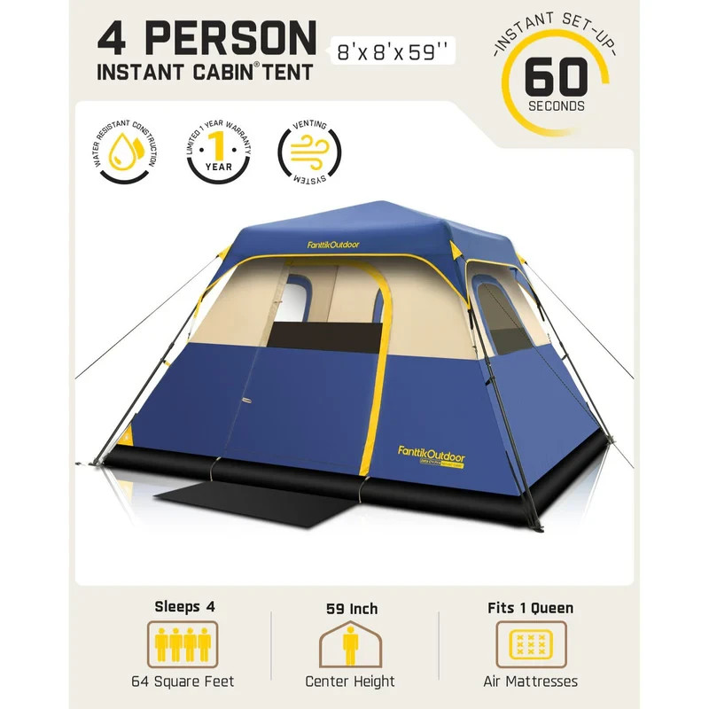 FanttikOutdoor Camping Tent 4 Person Instant Cabin Tent Setup in 60 Seconds