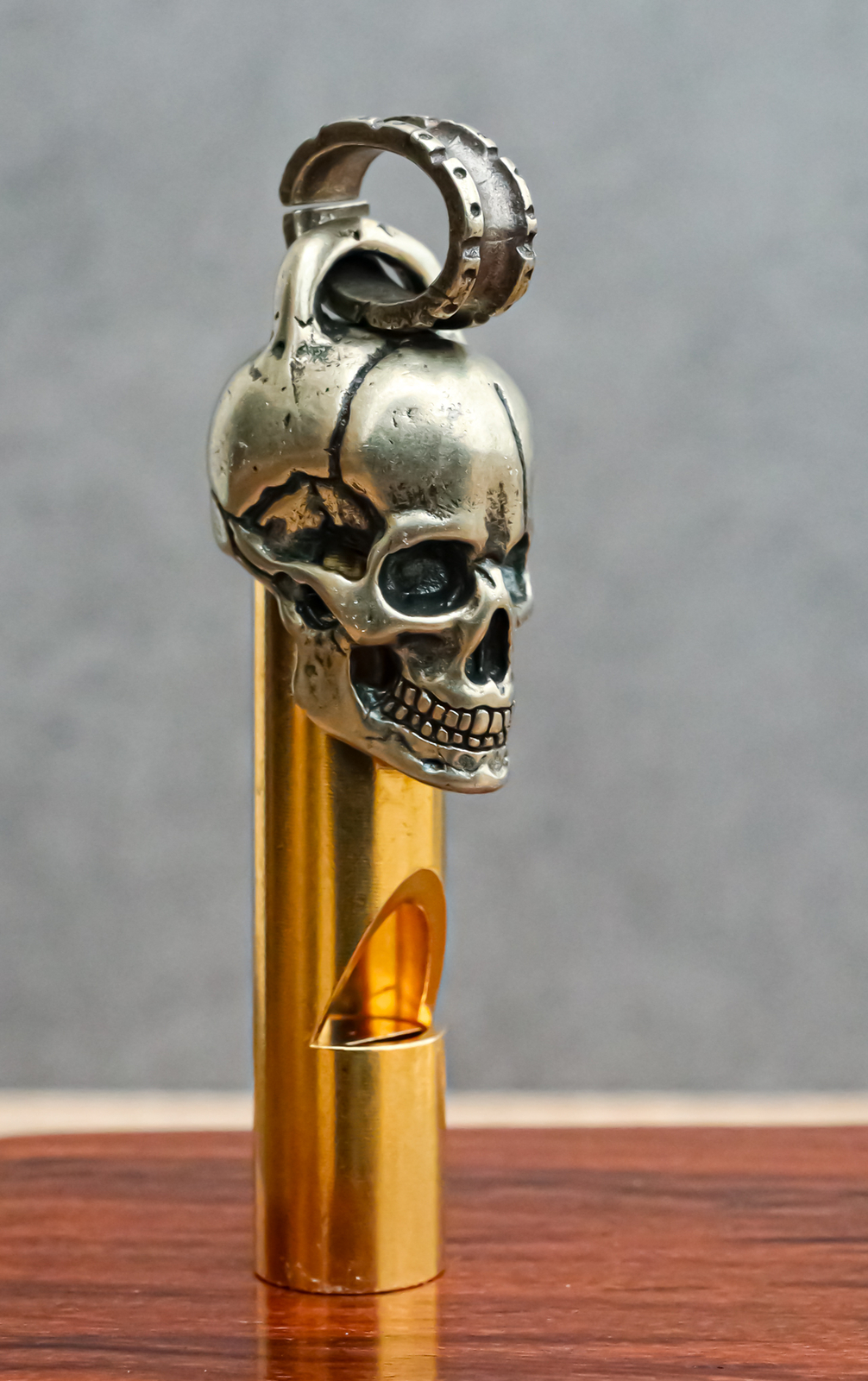 Solid Brass And Steel Ghost Skull Head Death Whistle With Key Chain Ring