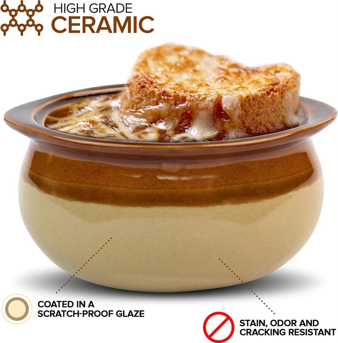 Set of 4 French Onion Soup Crocks 12 oz Brown & Ivory Ceramic Porcelain Bowls