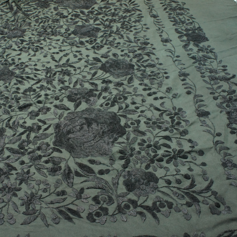 Antique Silk Shawl Wrap Piano Scarf HAND EMBROIDERED FLORAL WITH FRINGE 51"inch