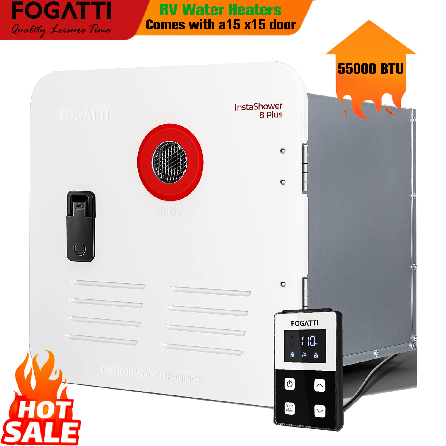 RV Tankless Water Heater 15 x 15 in White Door DC 12V 55,000 BTU Propane Gas