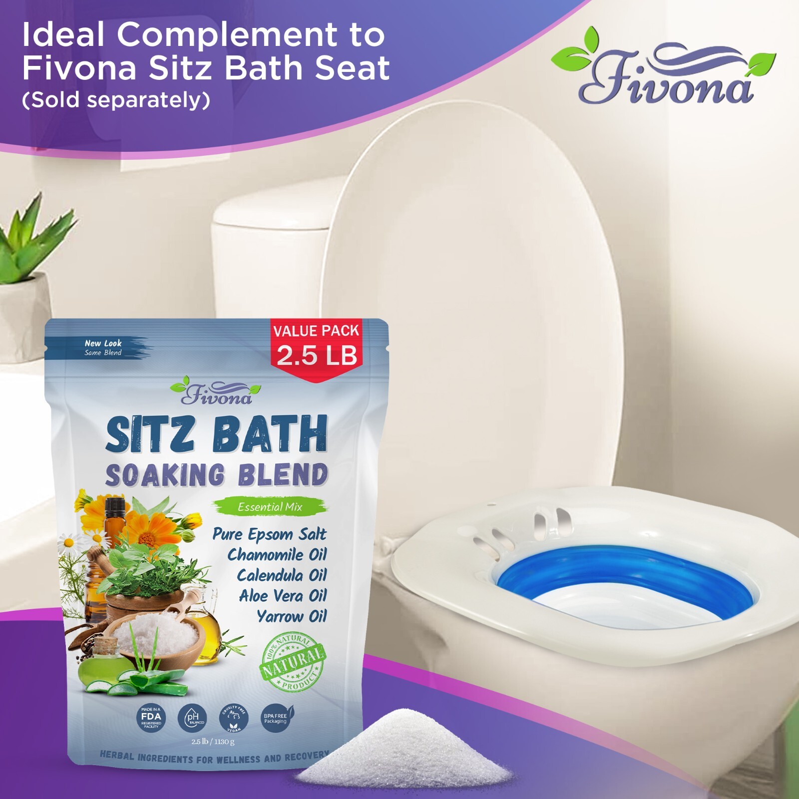 Fivona 40oz Epsom Salt Sitz Bath Soak Blend for Hemorrhoids and Postpartum Care