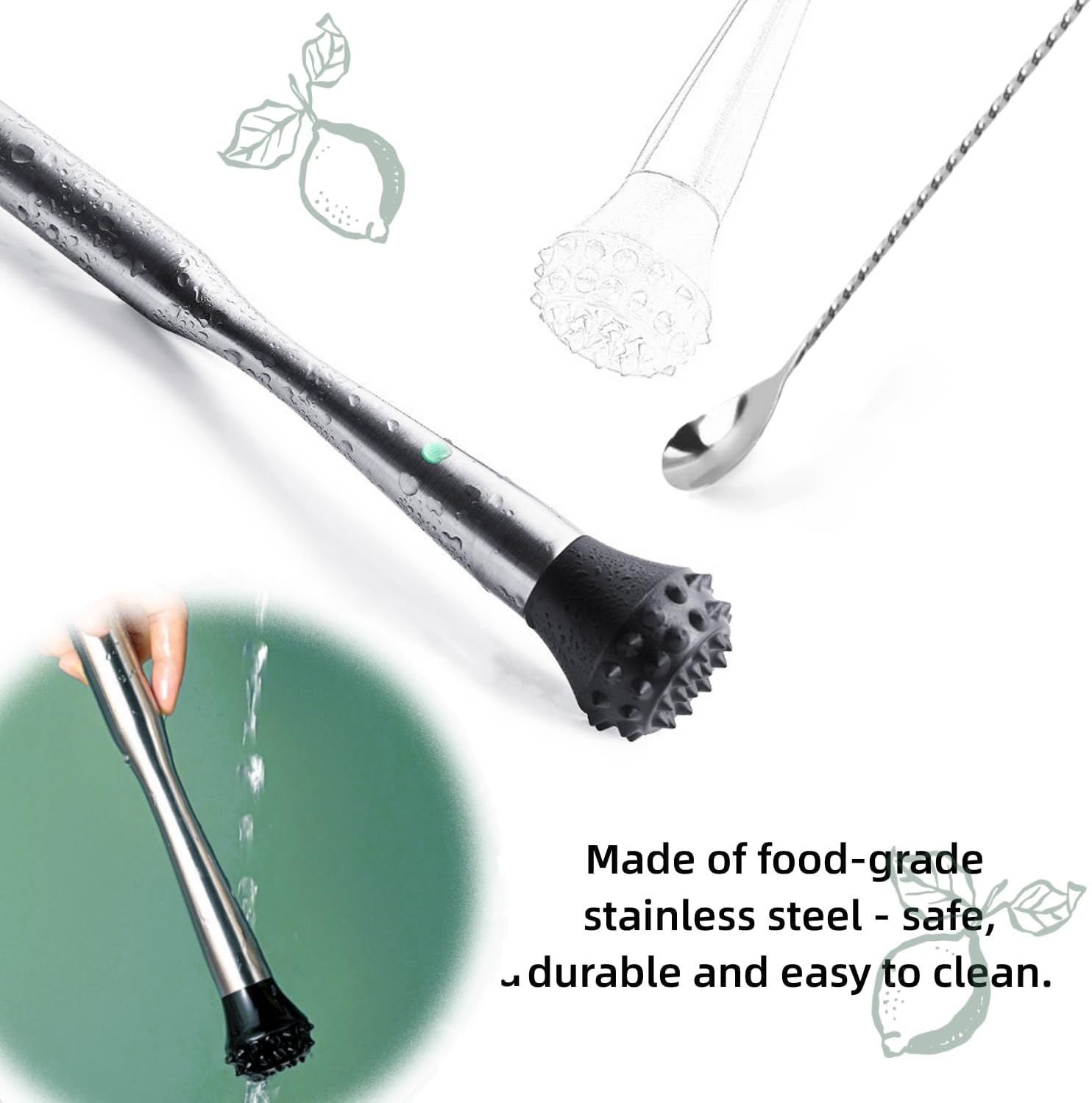 Muddler for Cocktails Stainless Steel, Muddlers Pestle with Stirring Spoon, Bart