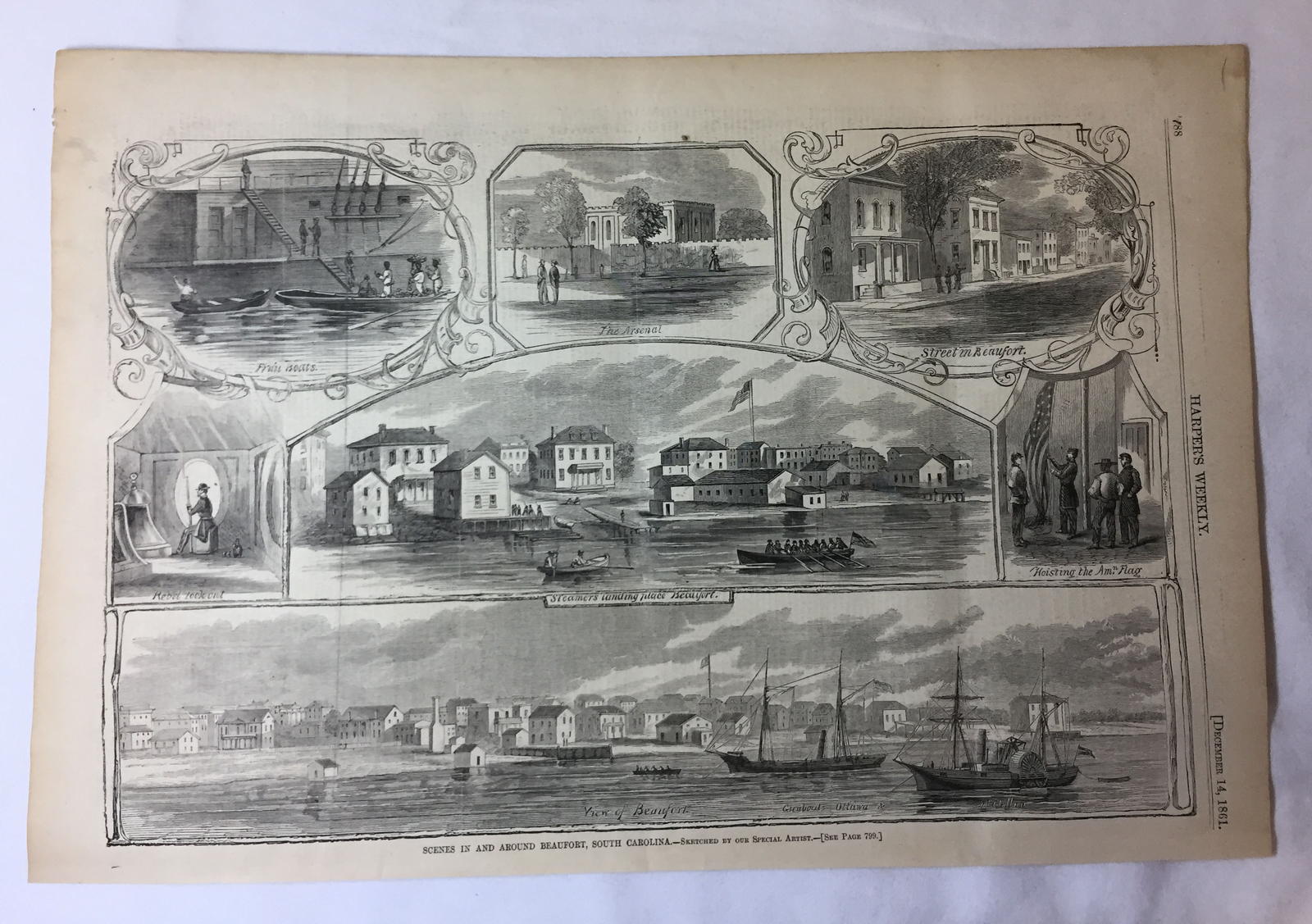 1861 magazine engraving~11x16 ~SCENES IN AND AROUND BEAUFORT, SOUTH CAROLINA