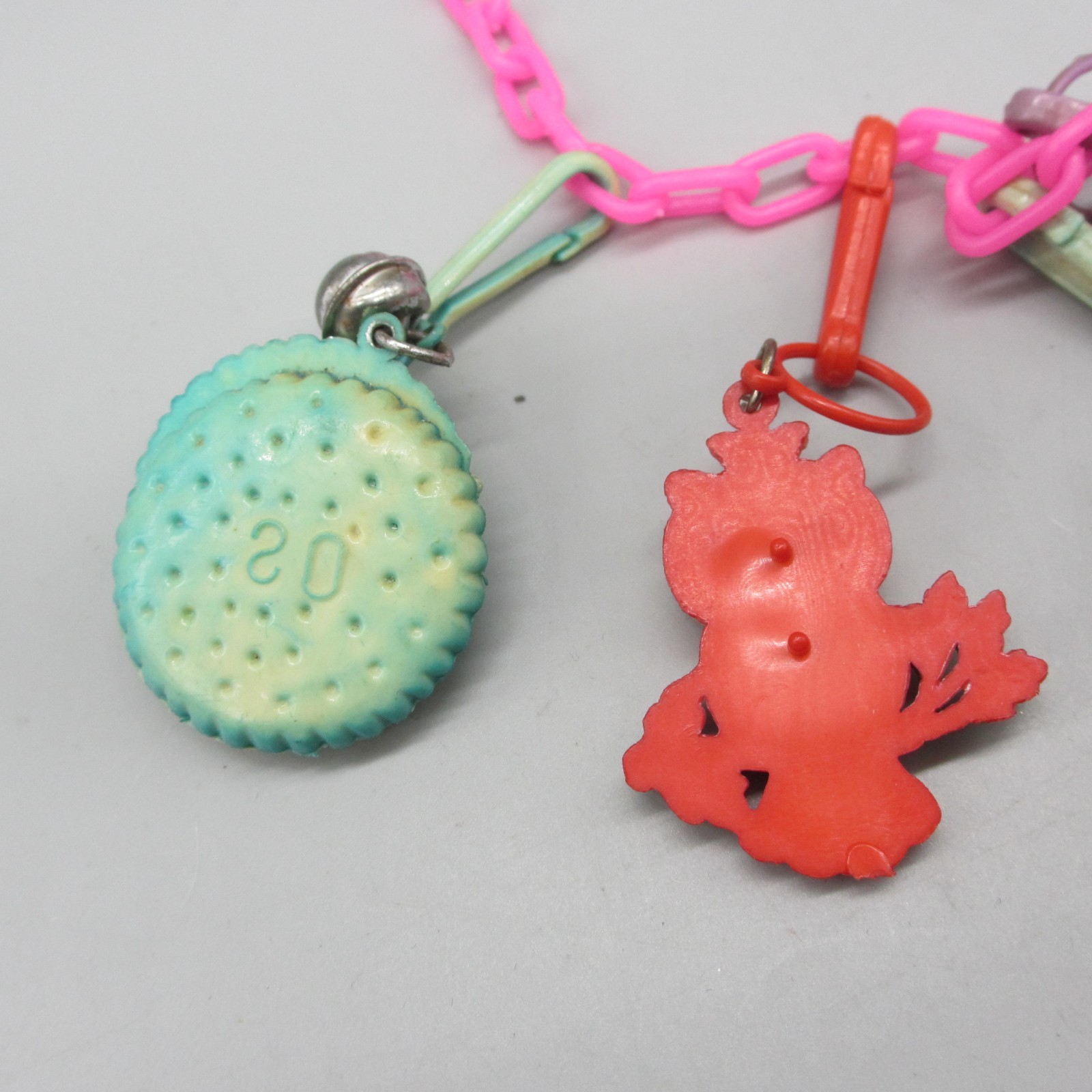 Vintage Bell Charm Necklace Owl Gum Ring Clock Thermos Pink Chain 24 Inch