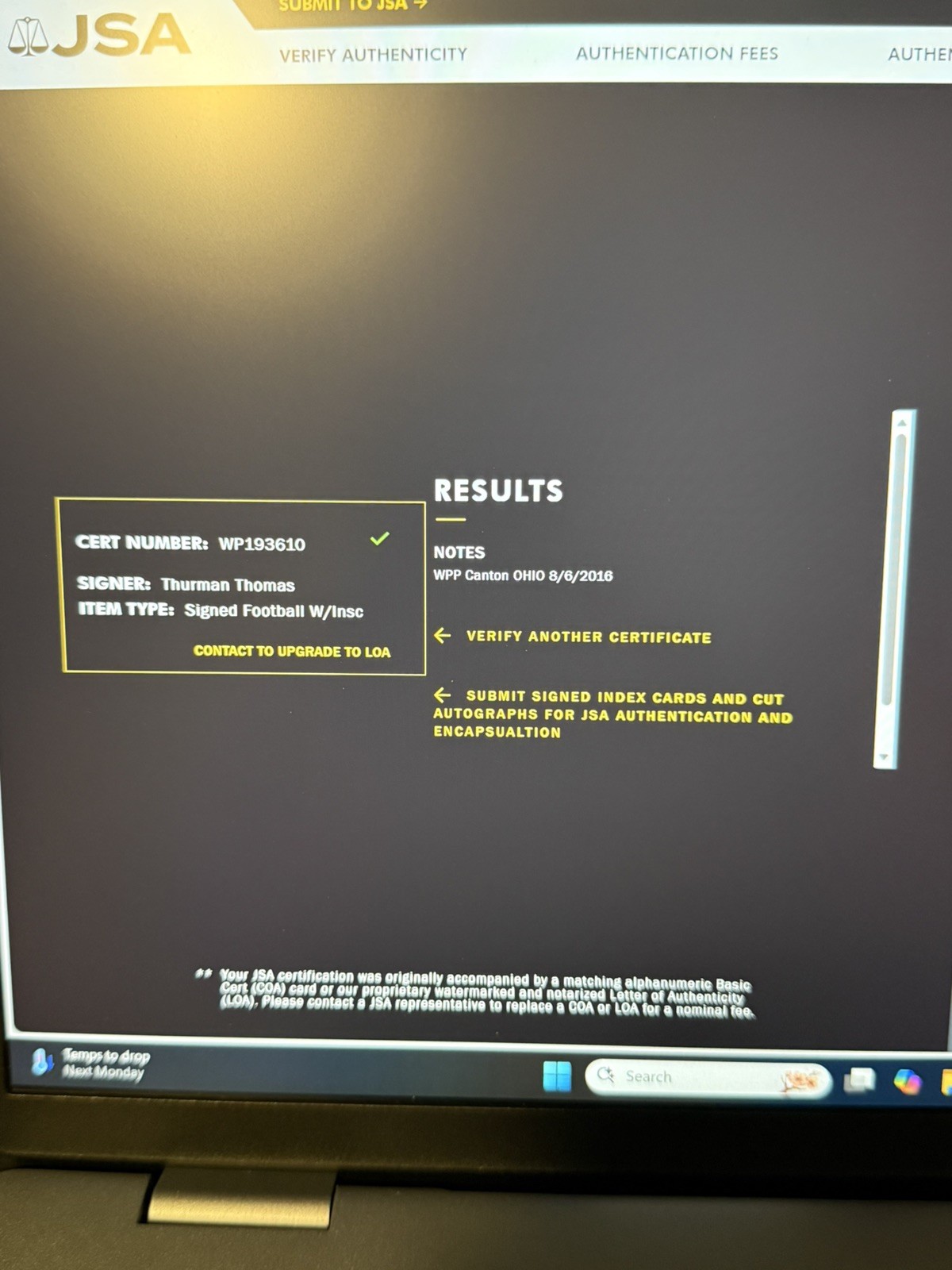 Thurman Thomas Signed Football JSA Buffalo Bills HoF 07 Inscription