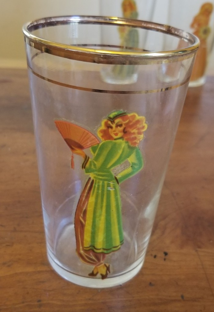 Set of 3 Vintage 1940s Peek-A-Boo Decal Pin Up Lady Girl Highball Glasses